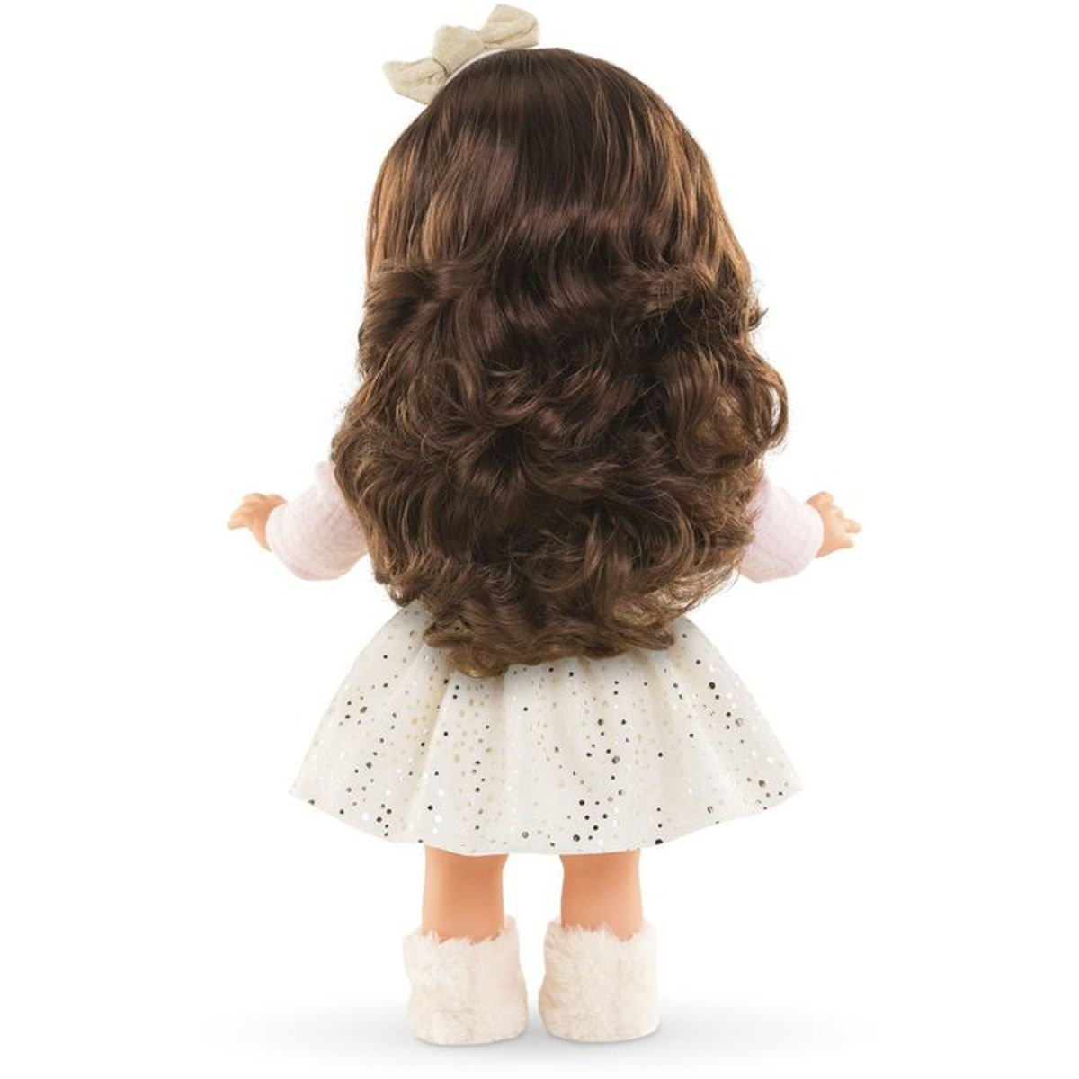 Rückansicht einer Puppe mit braunem, gelocktem Haar, Schleife, weißem Glitzerkleid und Fellstiefeln.