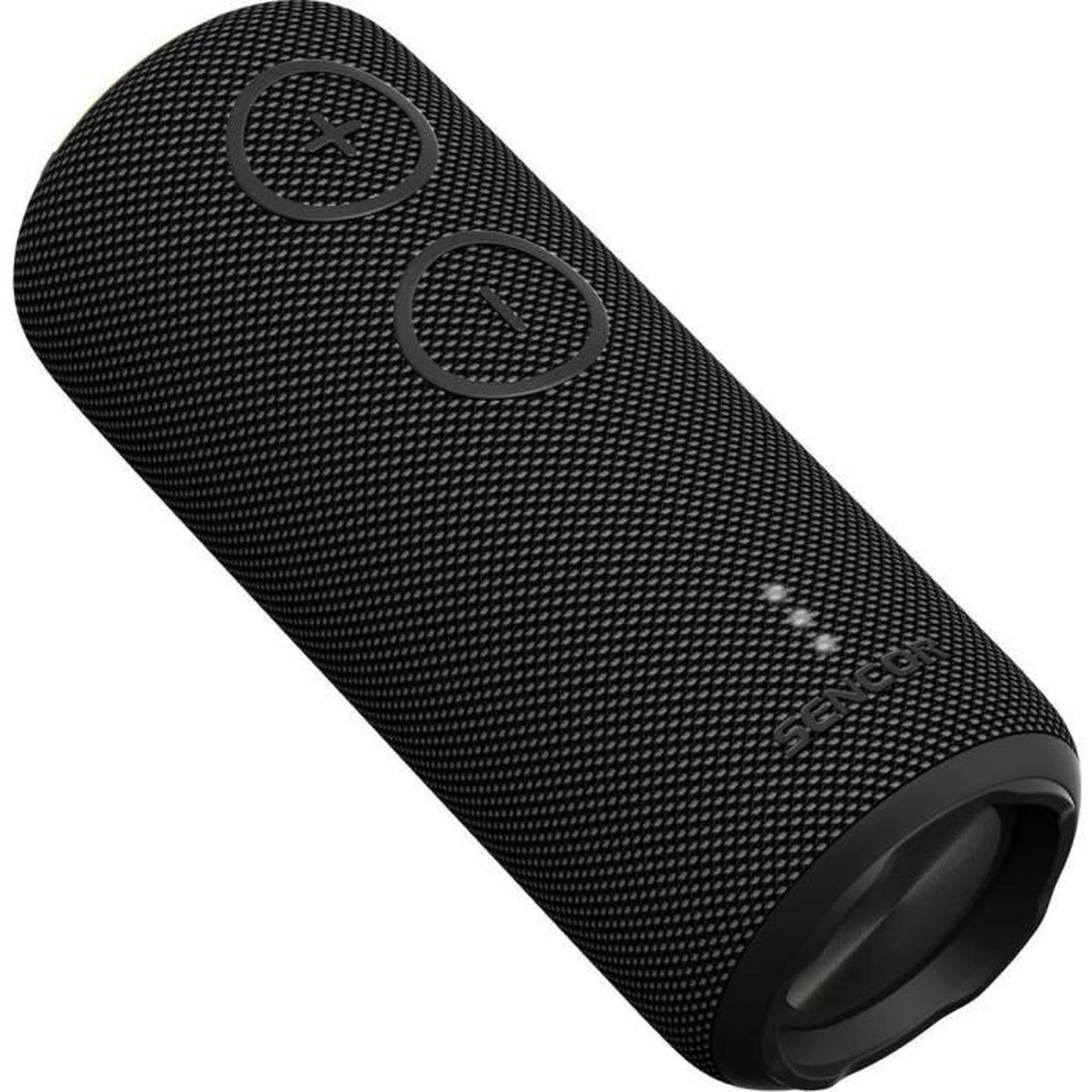 Ein zylindrischer, schwarzer Bluetooth-Lautsprecher mit Stoffbezug, Steuertasten und Markenlogo auf weißem Hintergrund.