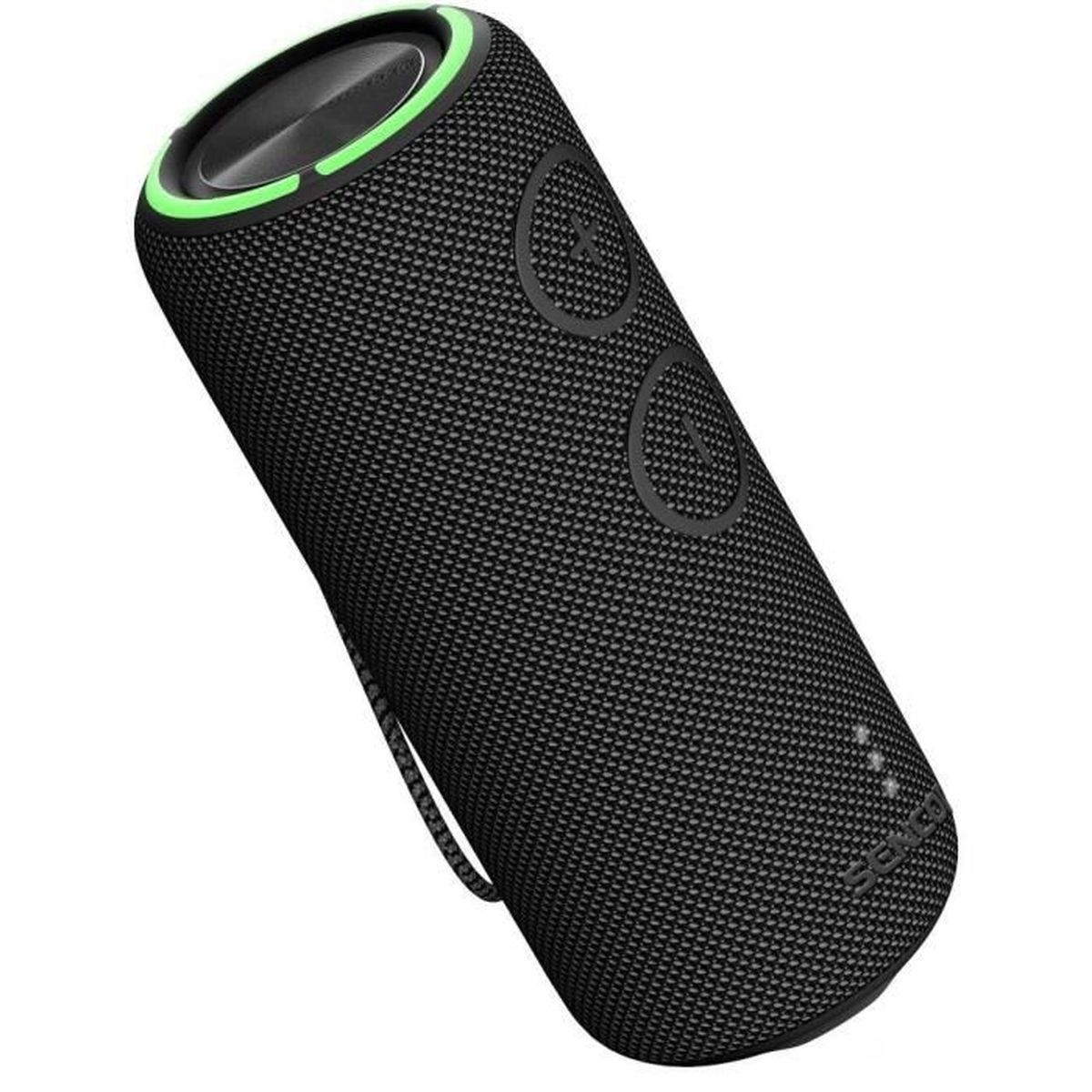 Ein zylindrischer schwarzer Bluetooth-Lautsprecher mit grüner Ringbeleuchtung, Plus- und Minus-Tasten und einer Trageschlaufe.