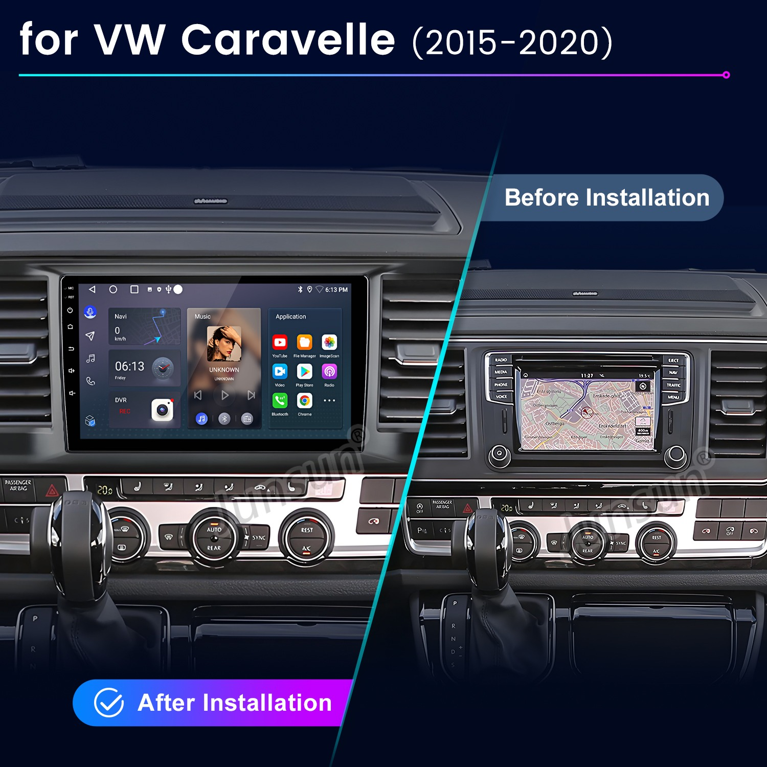 Vergleich der VW Caravelle Armaturen vor und nach der Installation eines großen Touchscreen-Radios.