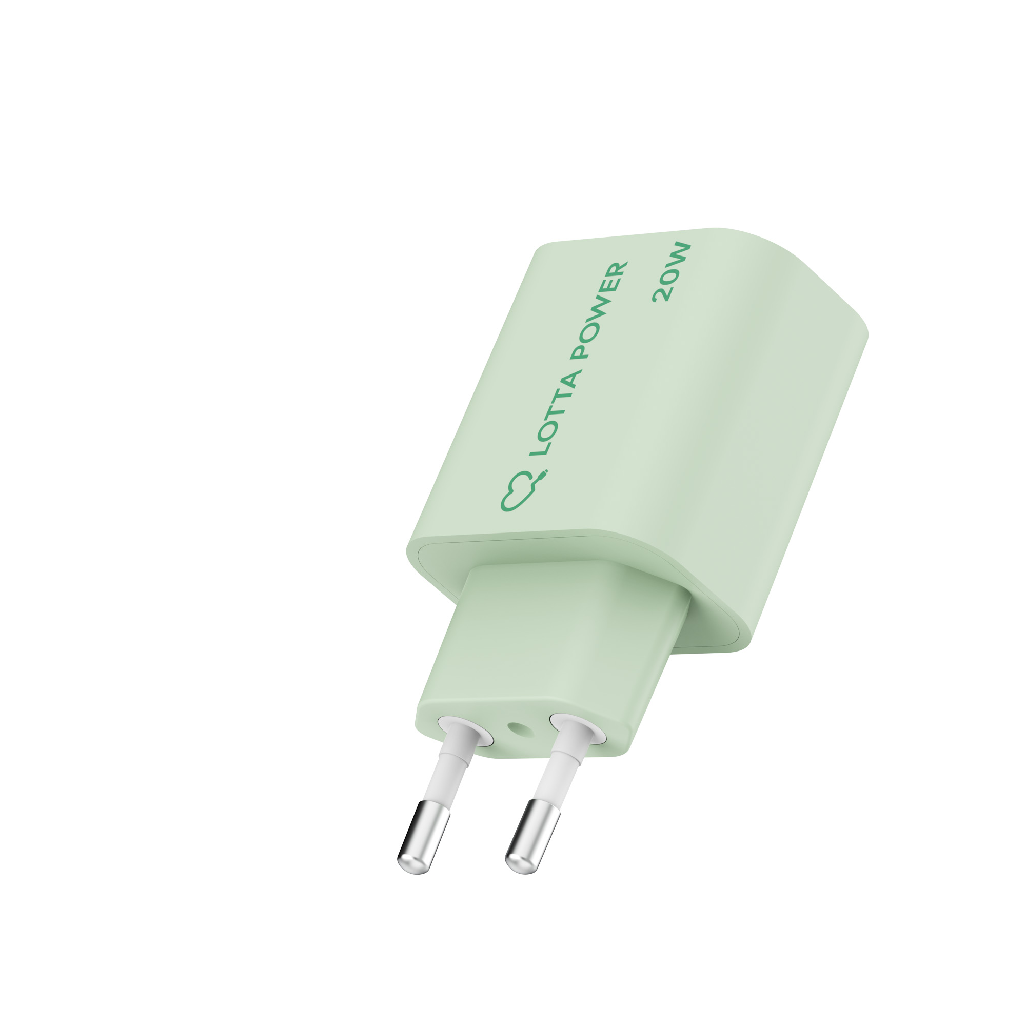 Ein hellgrünes 20W USB-Ladegerät mit zwei runden Metallsteckern vor weißem Hintergrund.