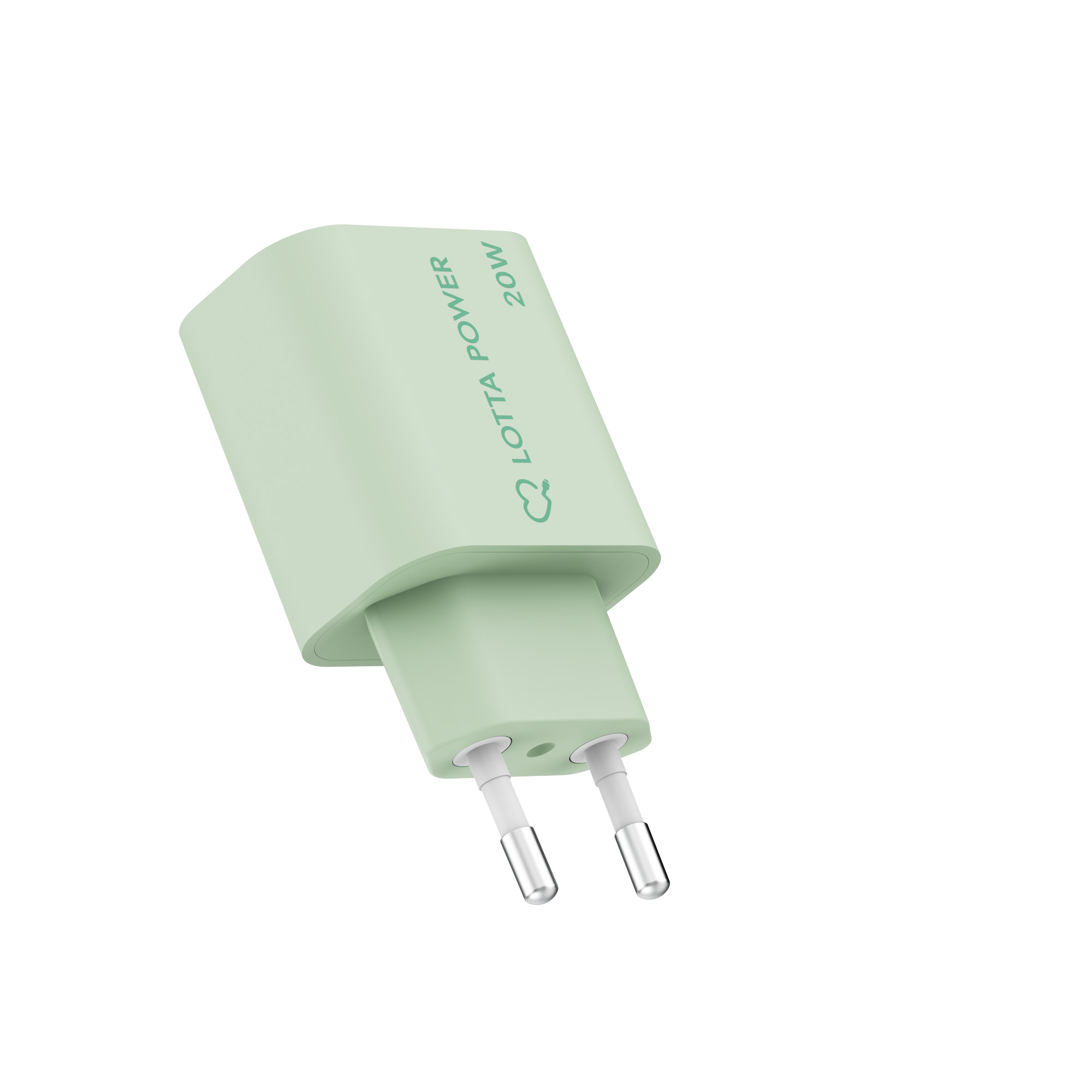 Ein hellgrünes 20W USB-Ladegerät mit EU-Stecker auf weißem Hintergrund.