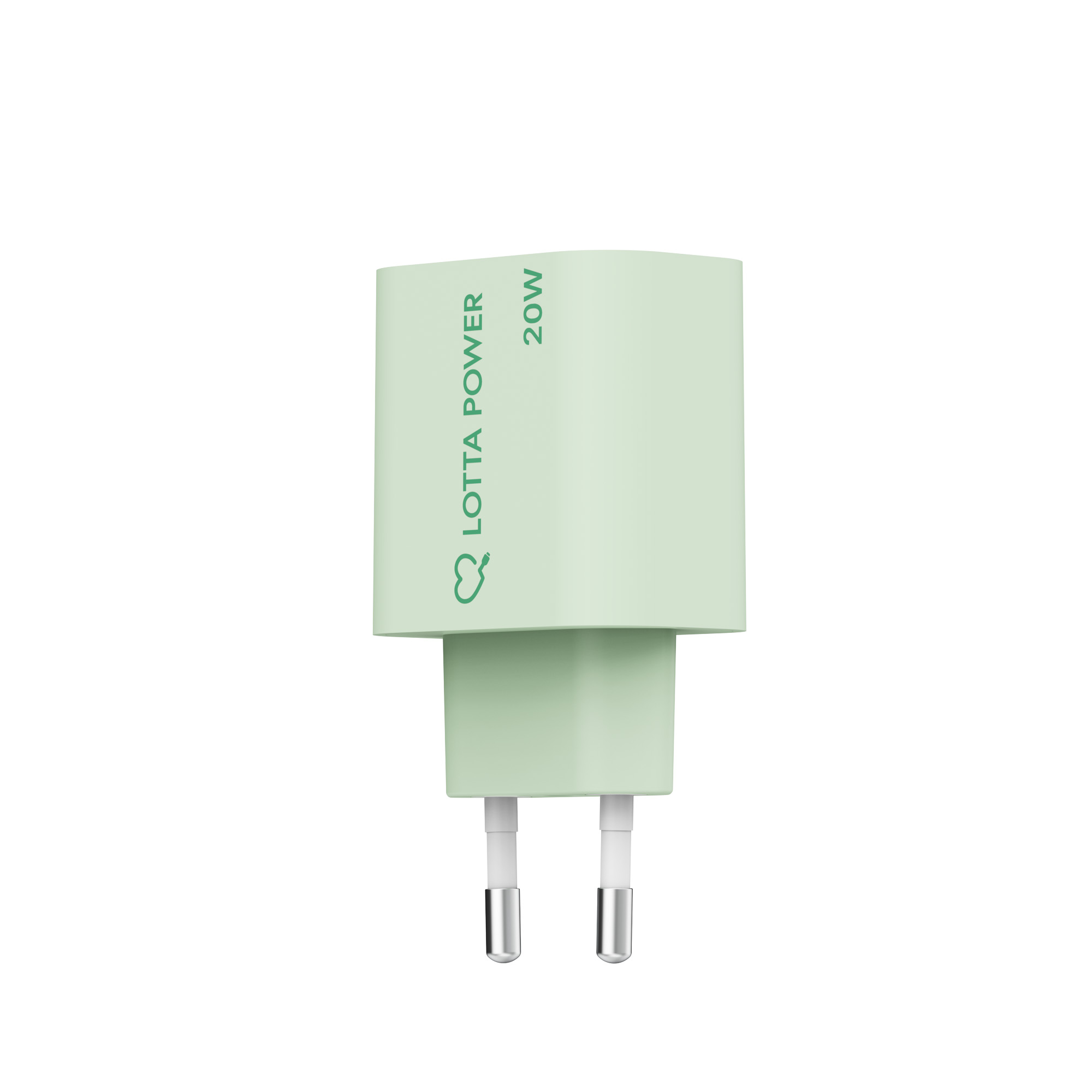 Ein hellgrünes 20W Lotta Power USB-Ladegerät mit zwei runden Metallstiften vor weißem Hintergrund.