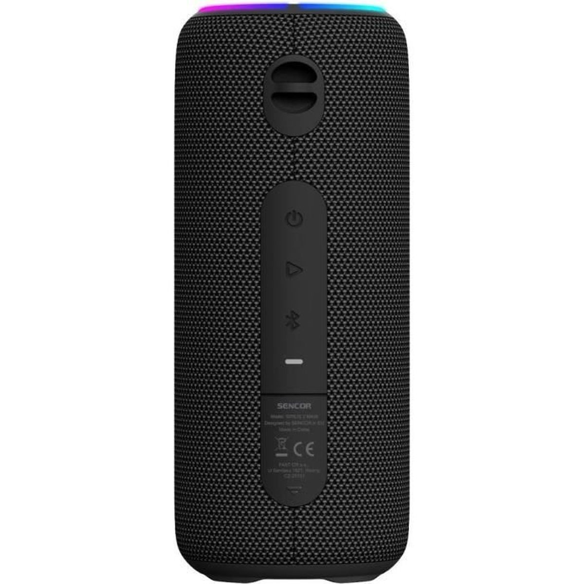 Ein zylindrischer schwarzer Bluetooth-Lautsprecher mit Kontrolltasten und bunten Lichtern oben auf weißem Hintergrund.