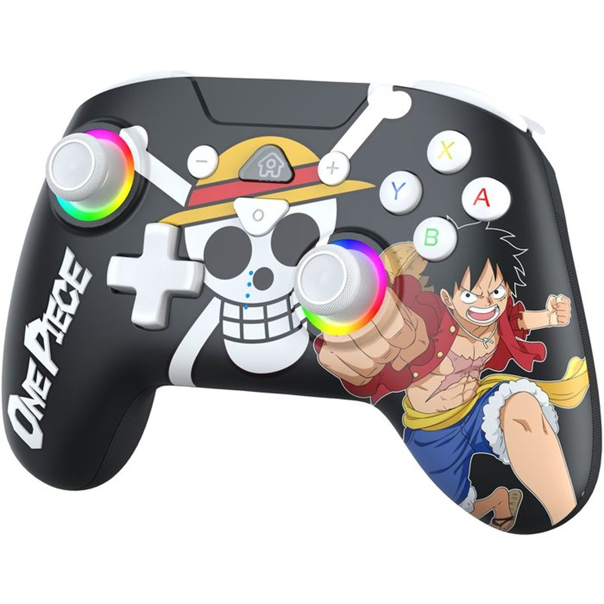 Ein schwarzer One Piece-Controller mit Luffy-Grafik, weißen Tasten und bunten RGB-Leucht-Sticks.