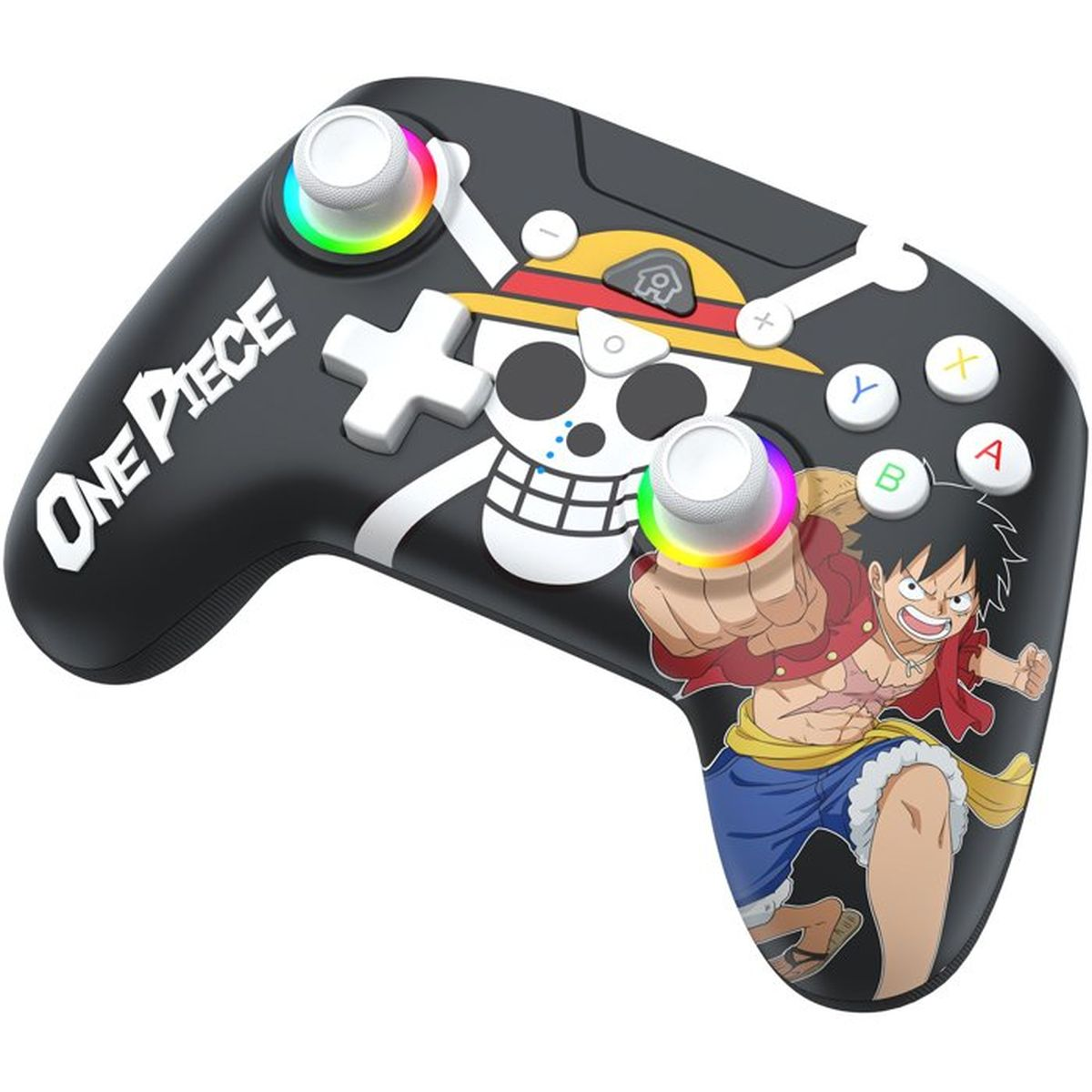 Ein schwarzer One Piece Gamecontroller mit Luffy-Motiv, Totenkopf-Logo und bunten LEDs an den Joysticks.