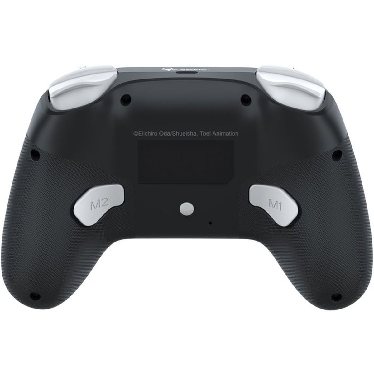 Rückseite eines schwarzen Gamepads mit silbernen Schultertasten und M1- und M2-Tasten.
