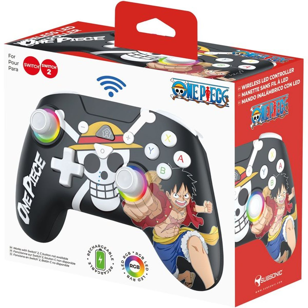 Ein schwarzer kabelloser LED-Controller für Switch zeigt One Piece-Anime-Grafiken und leuchtende RGB-Sticks.
