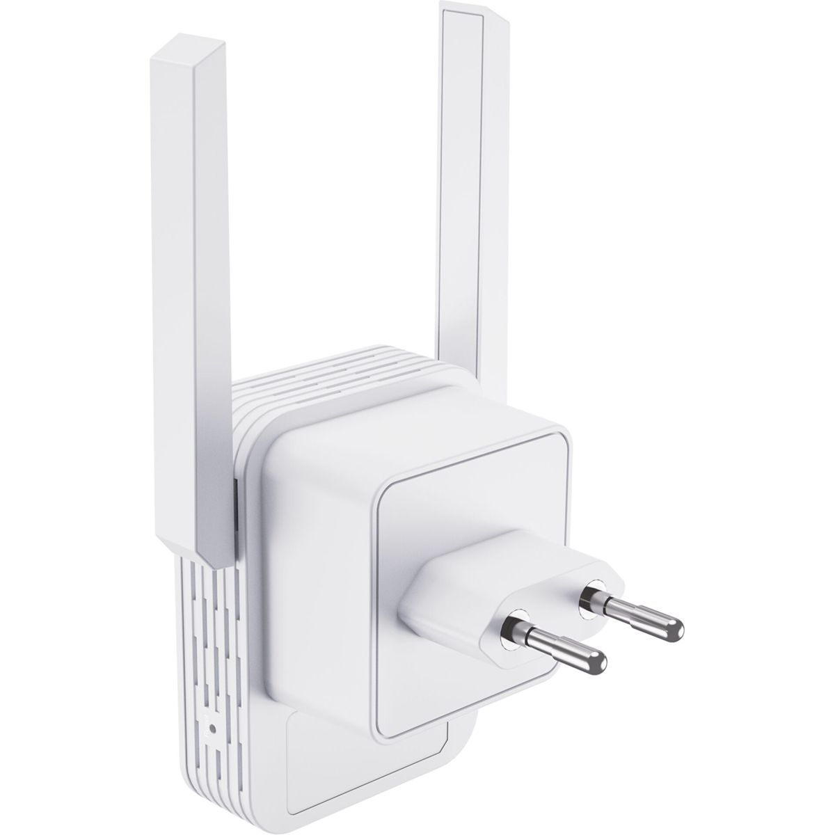 Biały wzmacniacz sygnału Wi-Fi z dwiema pionowymi antenami i wtyczką EU.