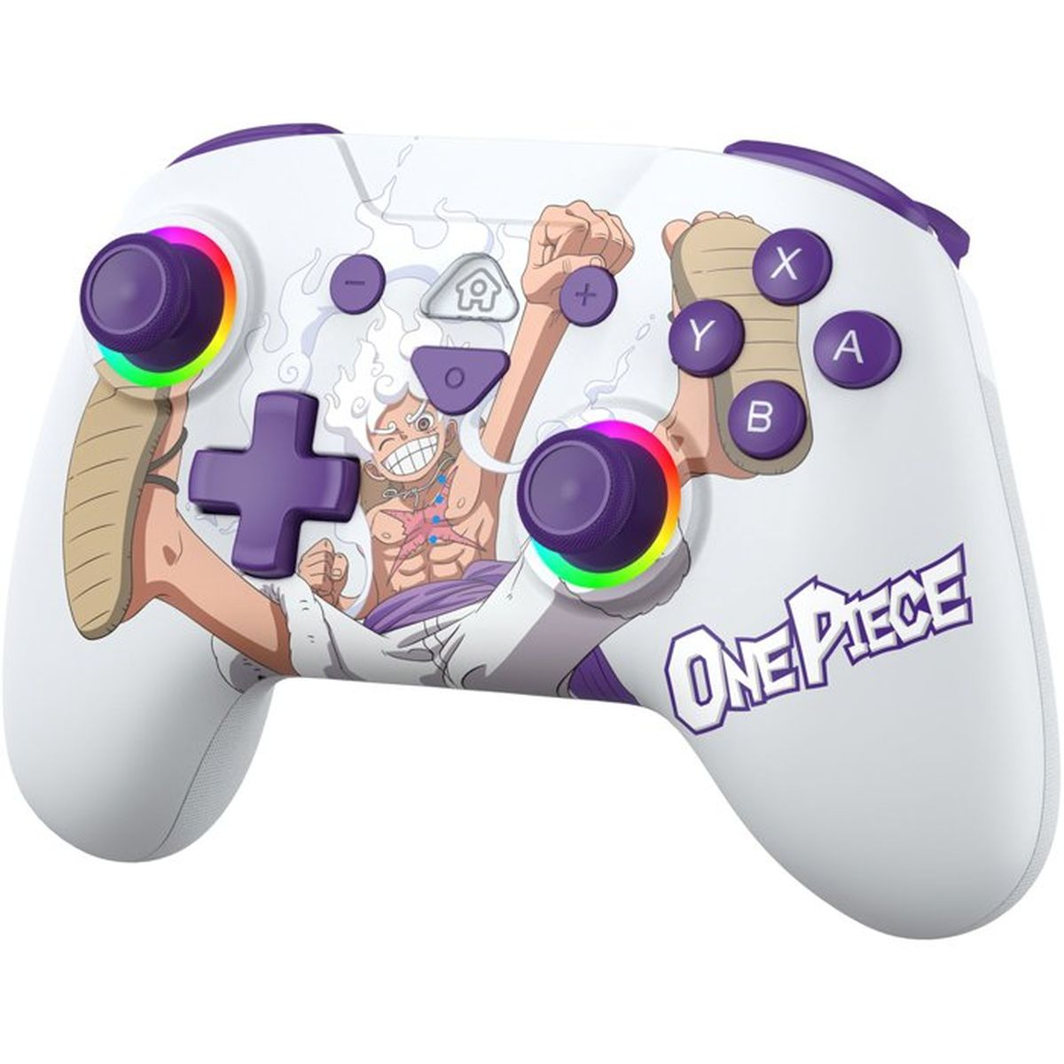 Weißer One Piece-Controller mit Luffy, violetten Tasten und bunten LEDs um die Joysticks.