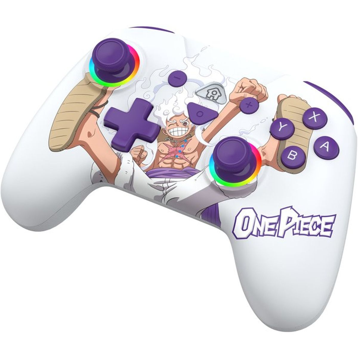 Ein weißer Gamecontroller mit One Piece-Charakterdesign, violetten Tasten und Regenbogen-Joystickringen.