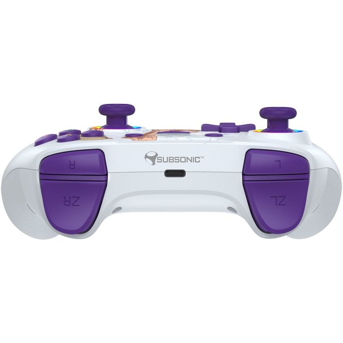 Ein weißer Subsonic-Controller mit lila Tasten und Analog-Sticks von vorne.