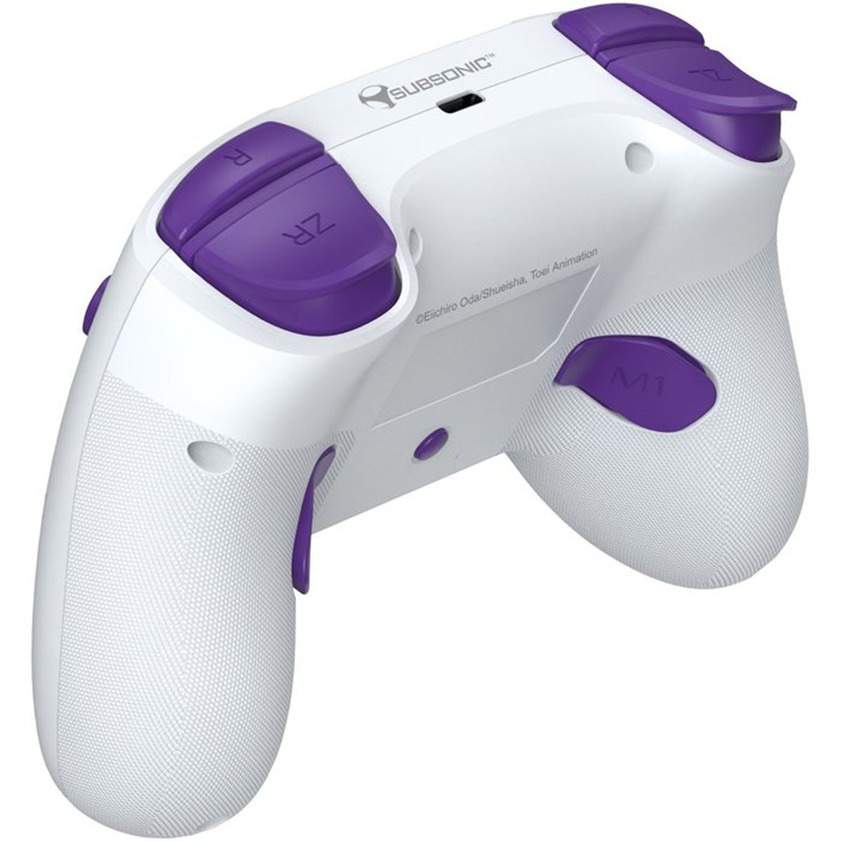 Rückseite eines weißen und lila Subsonic-Gamecontrollers mit strukturierten Griffen und zusätzlichen Tasten.