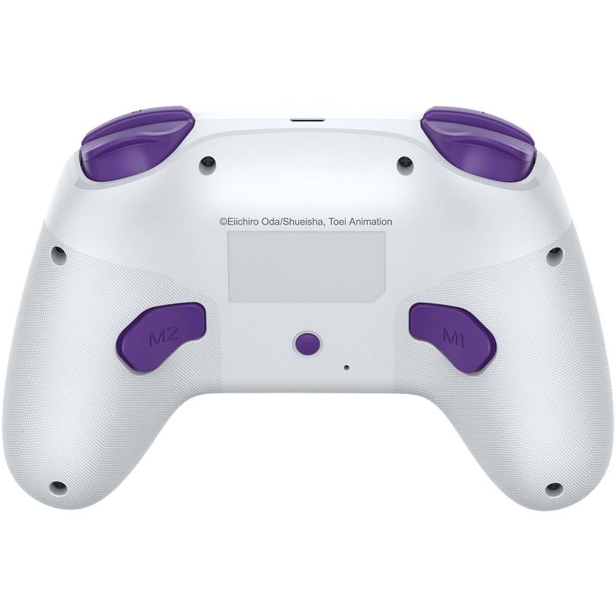 Die Rückseite eines weißen Gamecontrollers mit lila Tasten und strukturierten Griffen.