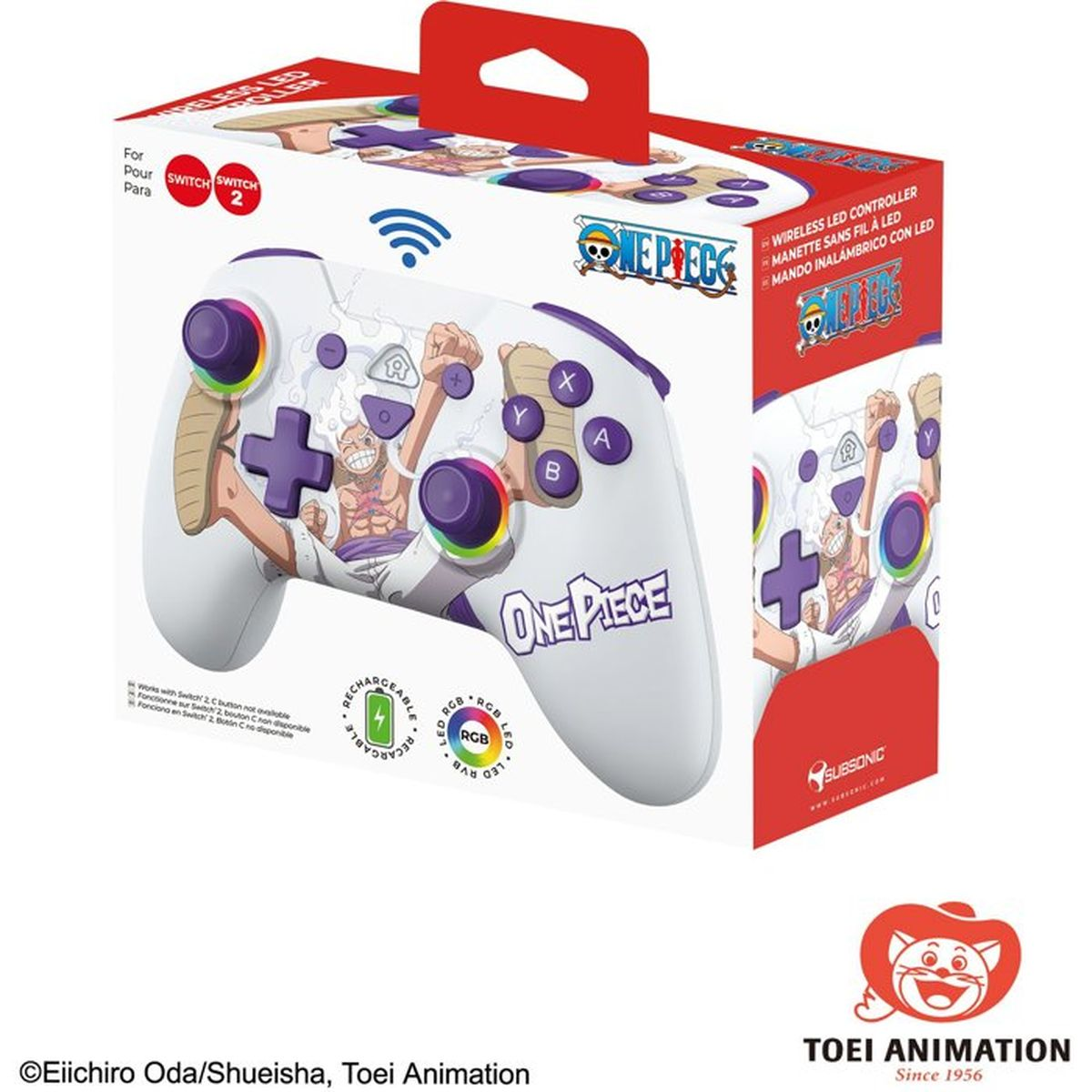 Ein weißer One Piece kabelloser LED-Gamecontroller für Nintendo Switch in seiner rot-weißen Produktbox.