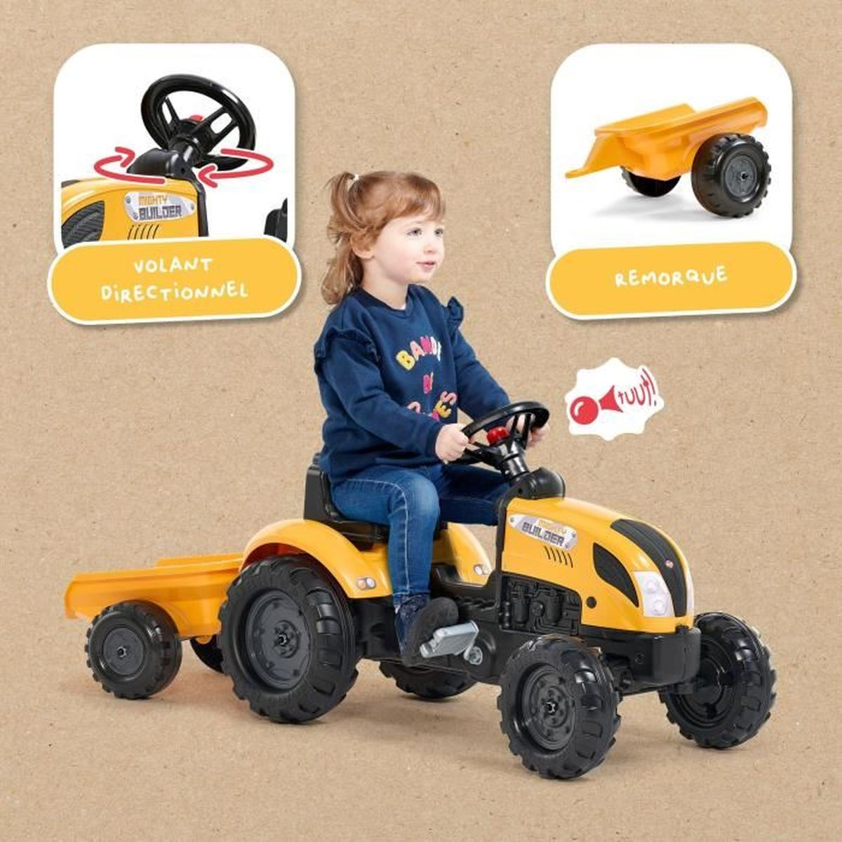 Kleines Mädchen fährt gelben Spielzeugtraktor mit Anhänger. In den Ecken Detailbilder von Lenkrad und Anhänger.