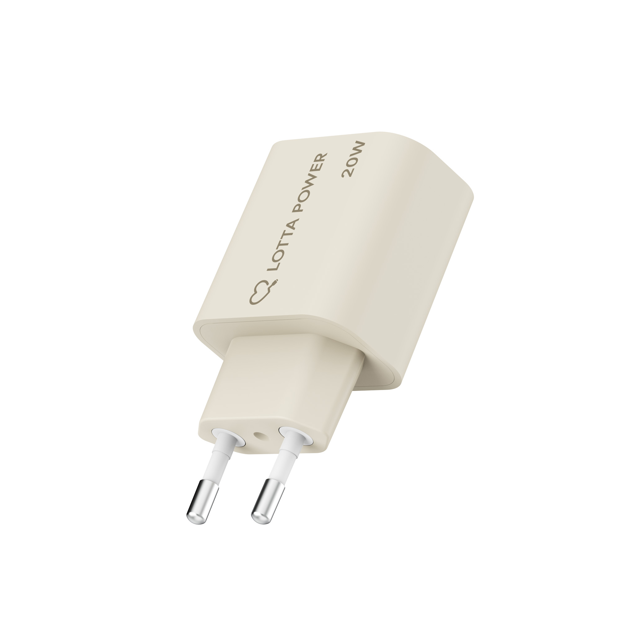 Ein beiger Lotta Power 20W USB-Netzstecker mit zwei Pins vor weißem Hintergrund.
