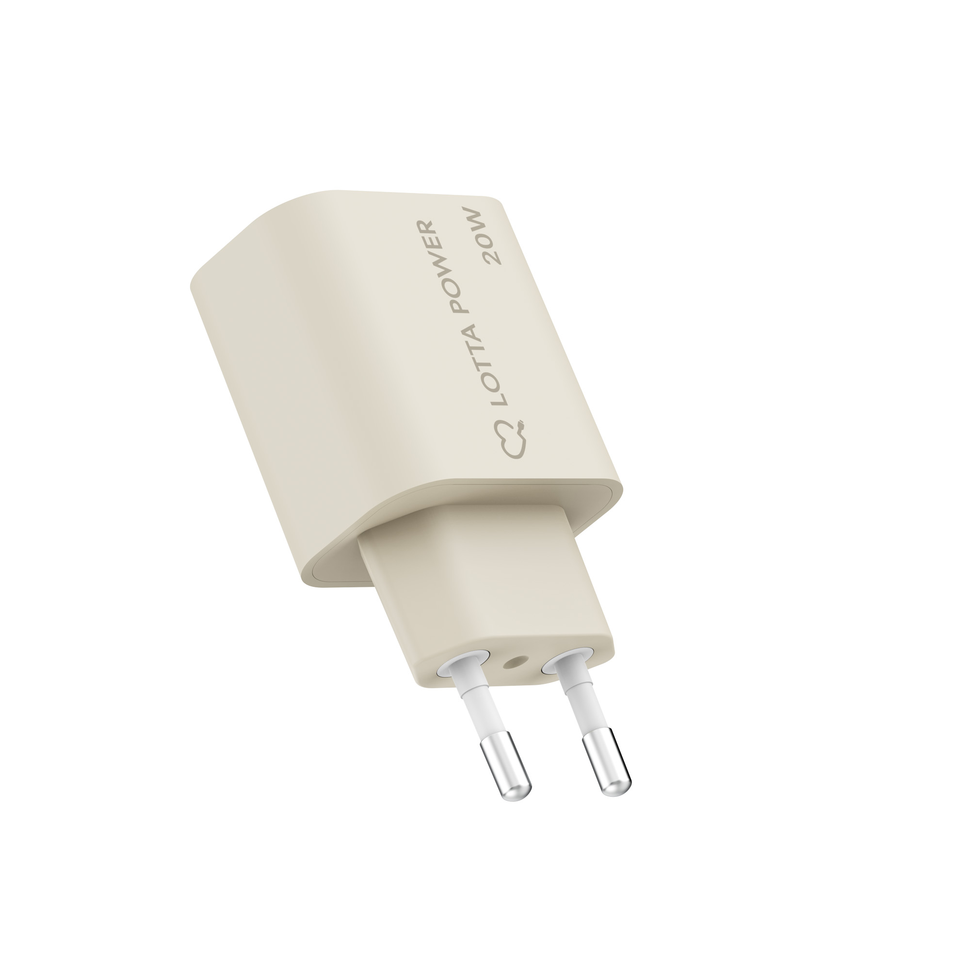 Beigefarbener Lotta Power 20W EU-Wandadapter auf weißem Hintergrund.