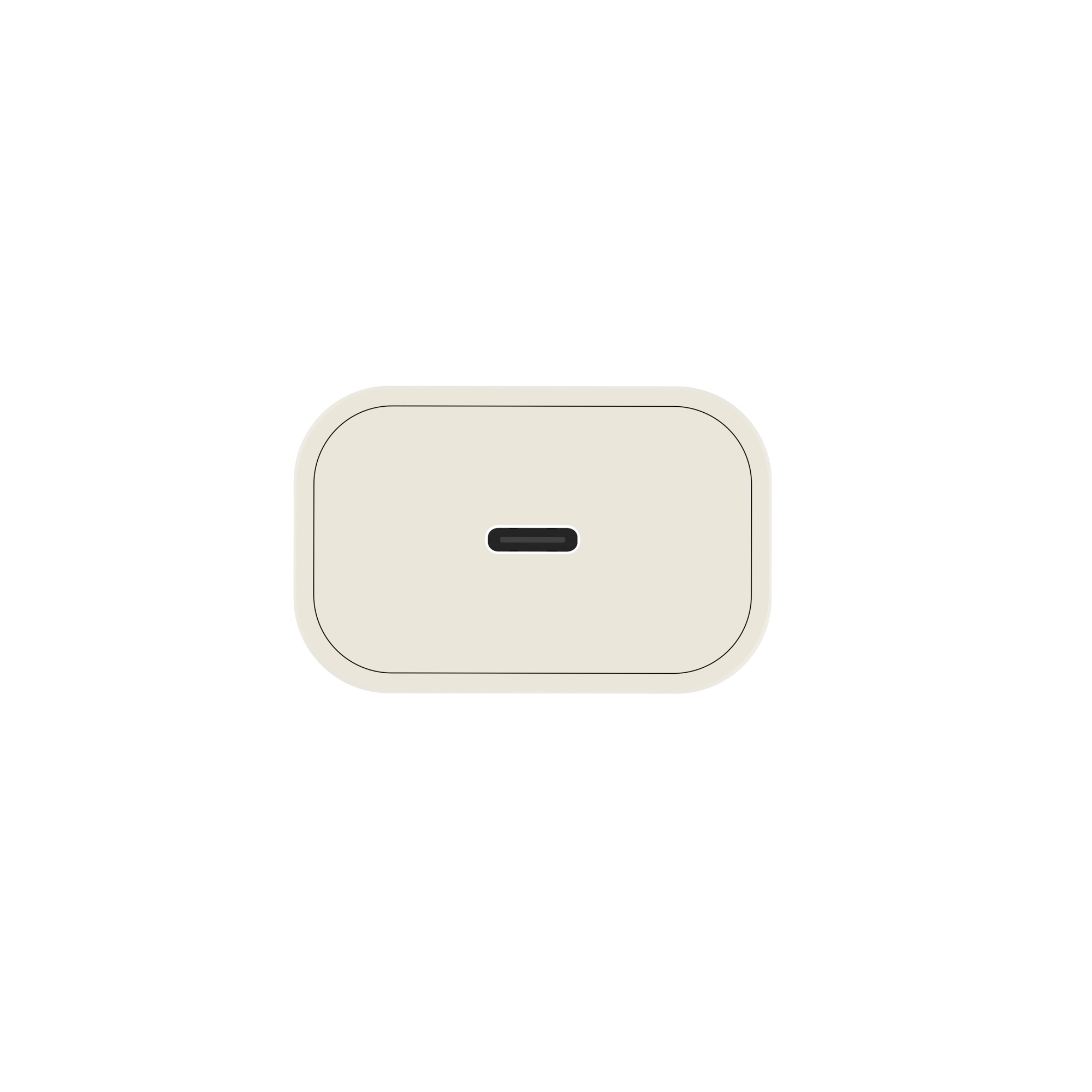 Cremefarbener, rechteckiger USB-C-Wandladegerät mit abgerundeten Ecken und einem schwarzen Anschluss auf weißem Grund.