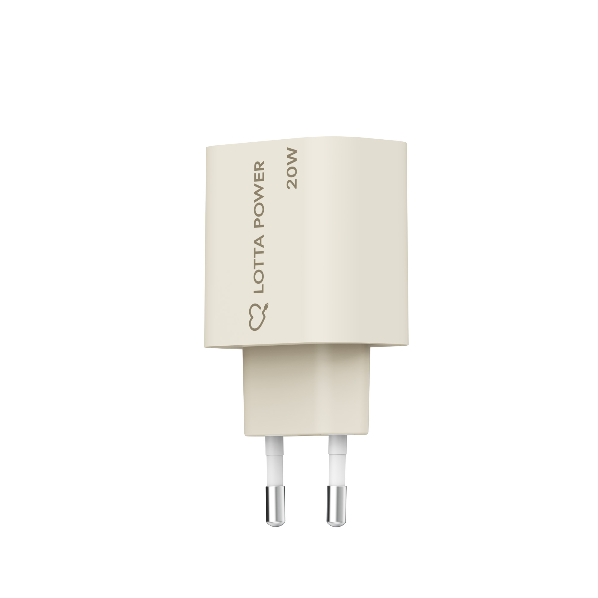 Beigefarbener 20W LOTTA POWER USB-Wandlader mit zwei runden Metallstiften auf weißem Hintergrund.