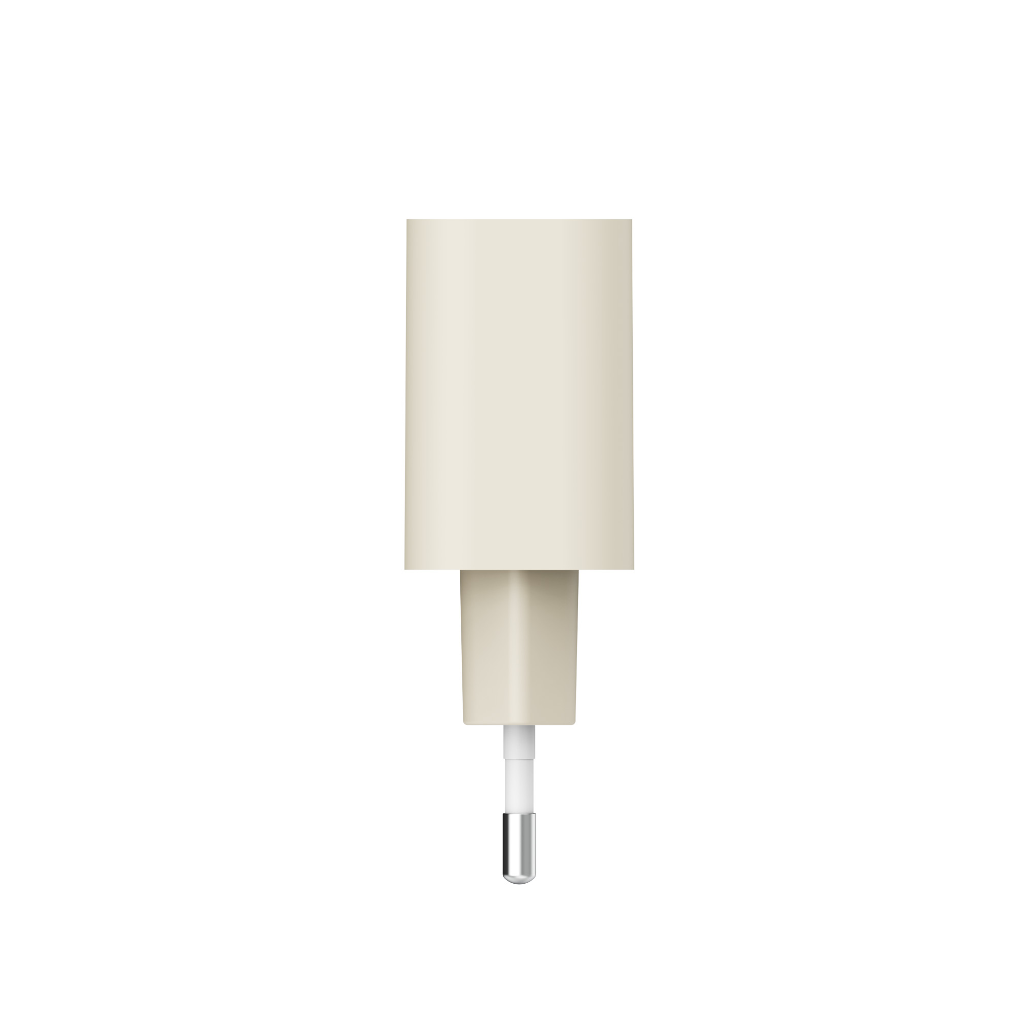 Eine beige automatische Haustier-Wasserspenderdüse mit silberner Metallspitze vor weißem Hintergrund.