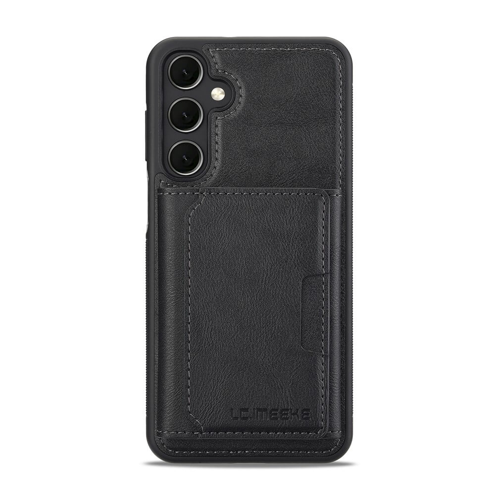 Custodia per telefono in pelle nera con tasca porta carte integrata sul retro e tre aperture per fotocamera.