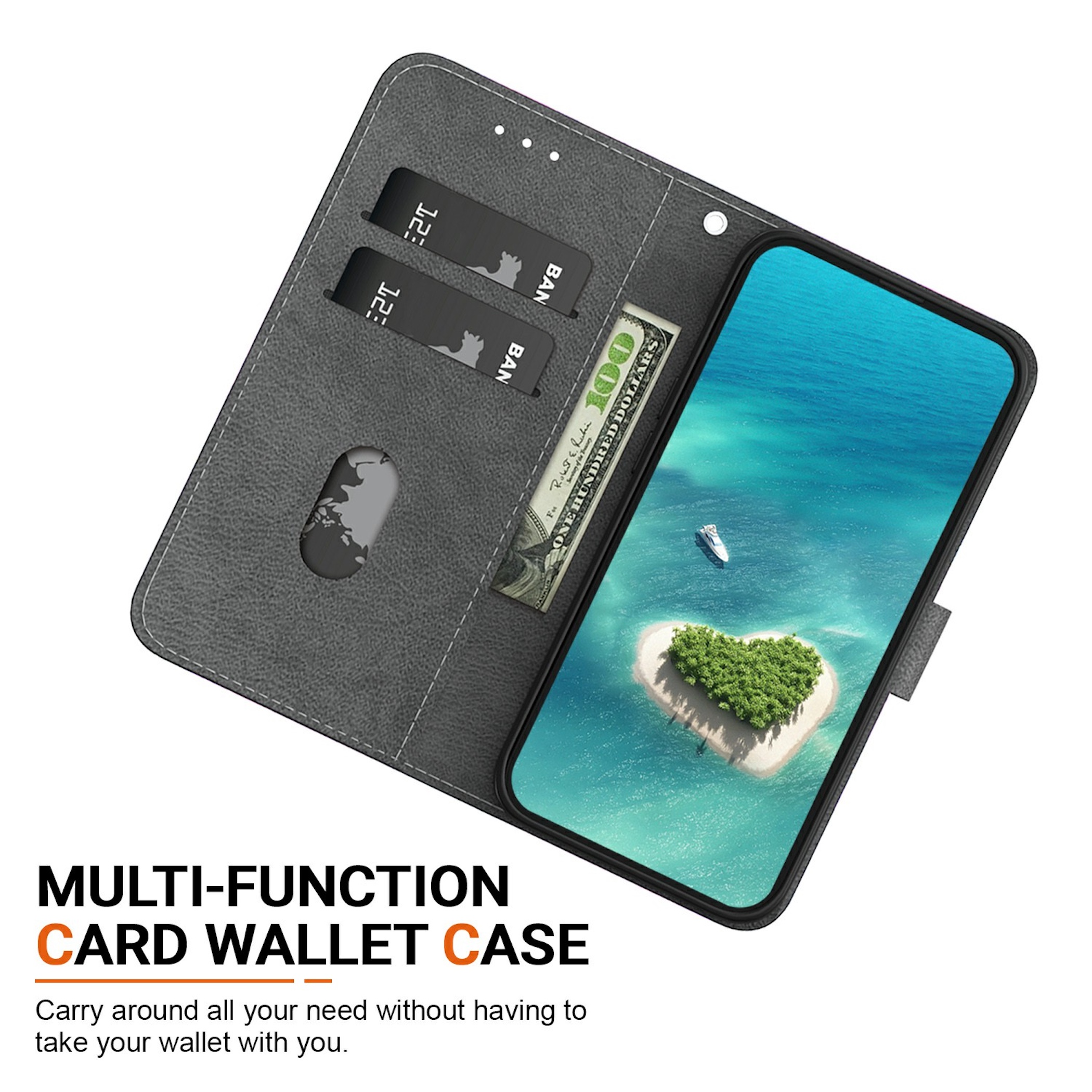 Graue Brieftaschen-Handyhülle mit zwei Karten, einem Geldschein und Smartphone mit tropischem Inselbild.