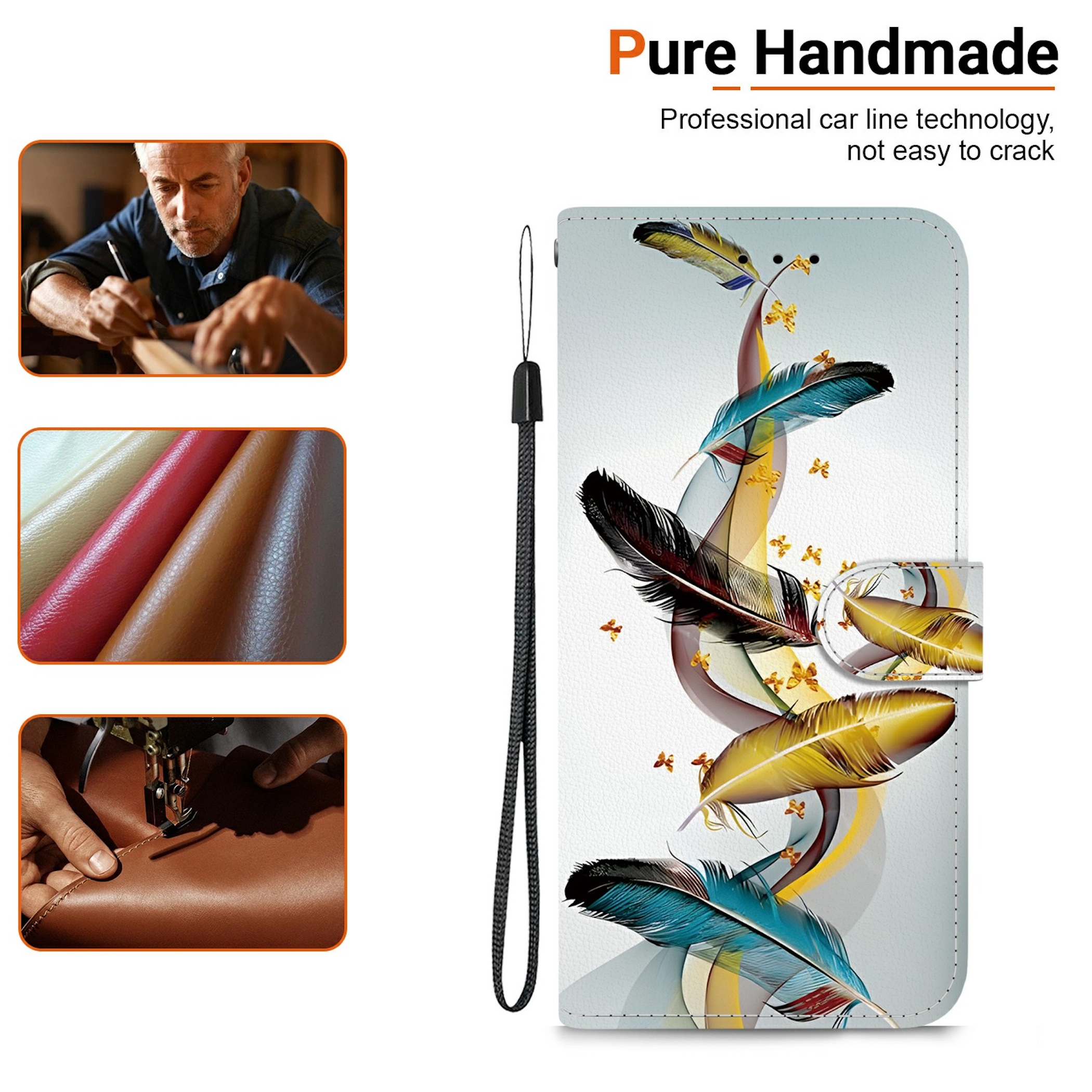 Handgemachte Lederhandyhülle mit bunten Federn und Insets von Handwerkern.