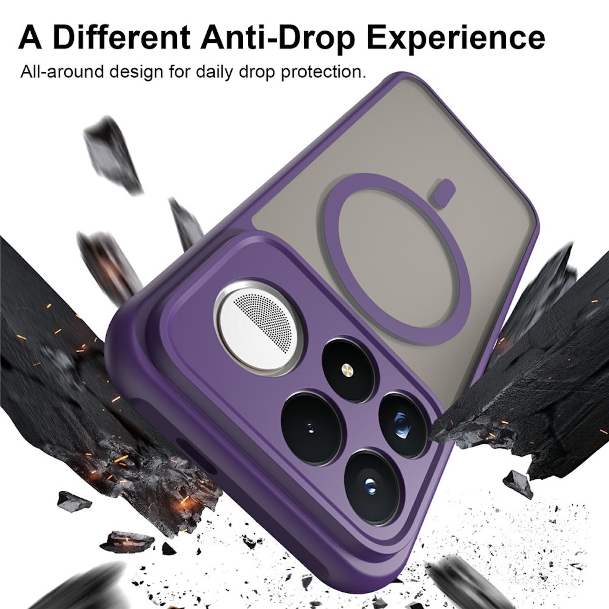 Eine violette Smartphone-Hülle wird von zerspringenden Kohlenstücken umgeben.