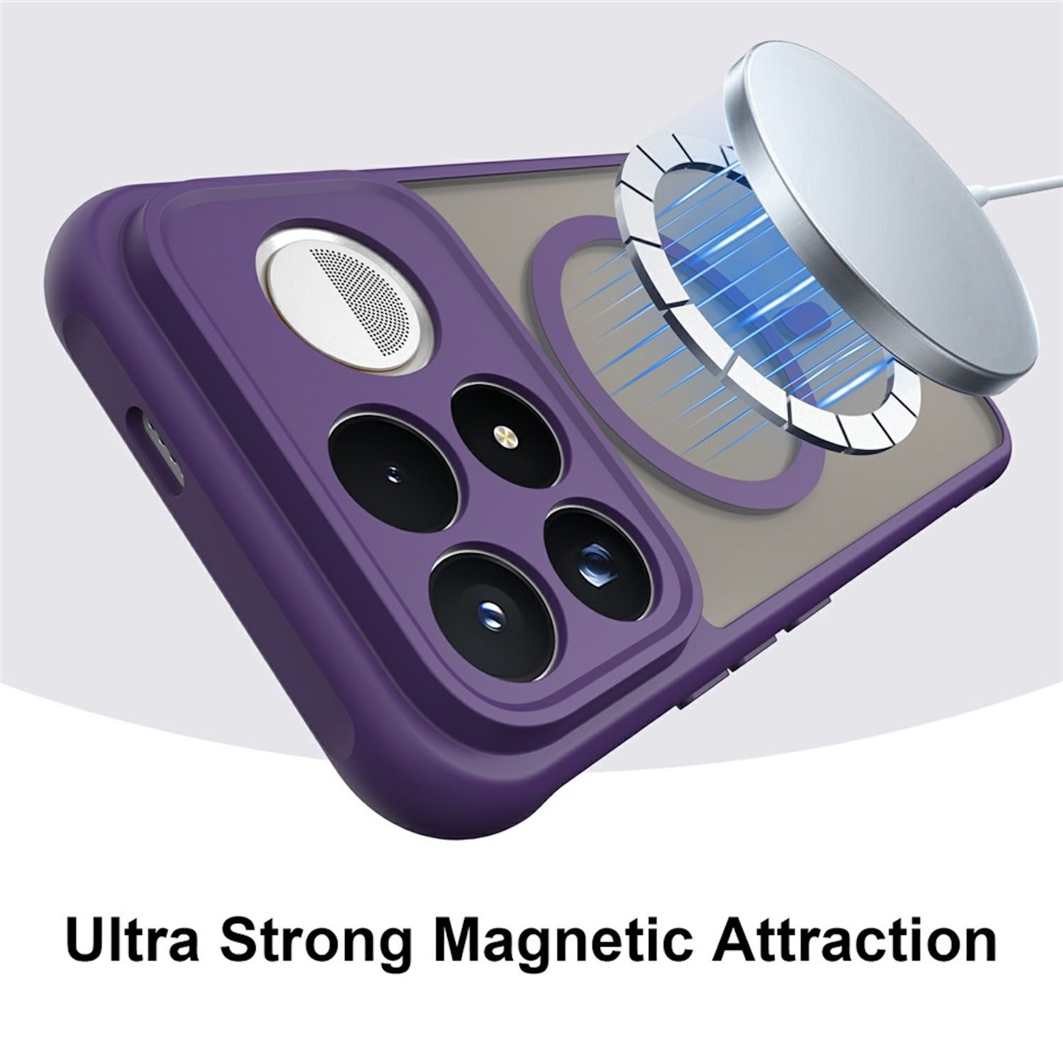 Eine lila Handyhülle mit kabellosem Magnet-Ladegerät, das sich an den Rückring anpasst, mit blauen Magnetstrahlen.