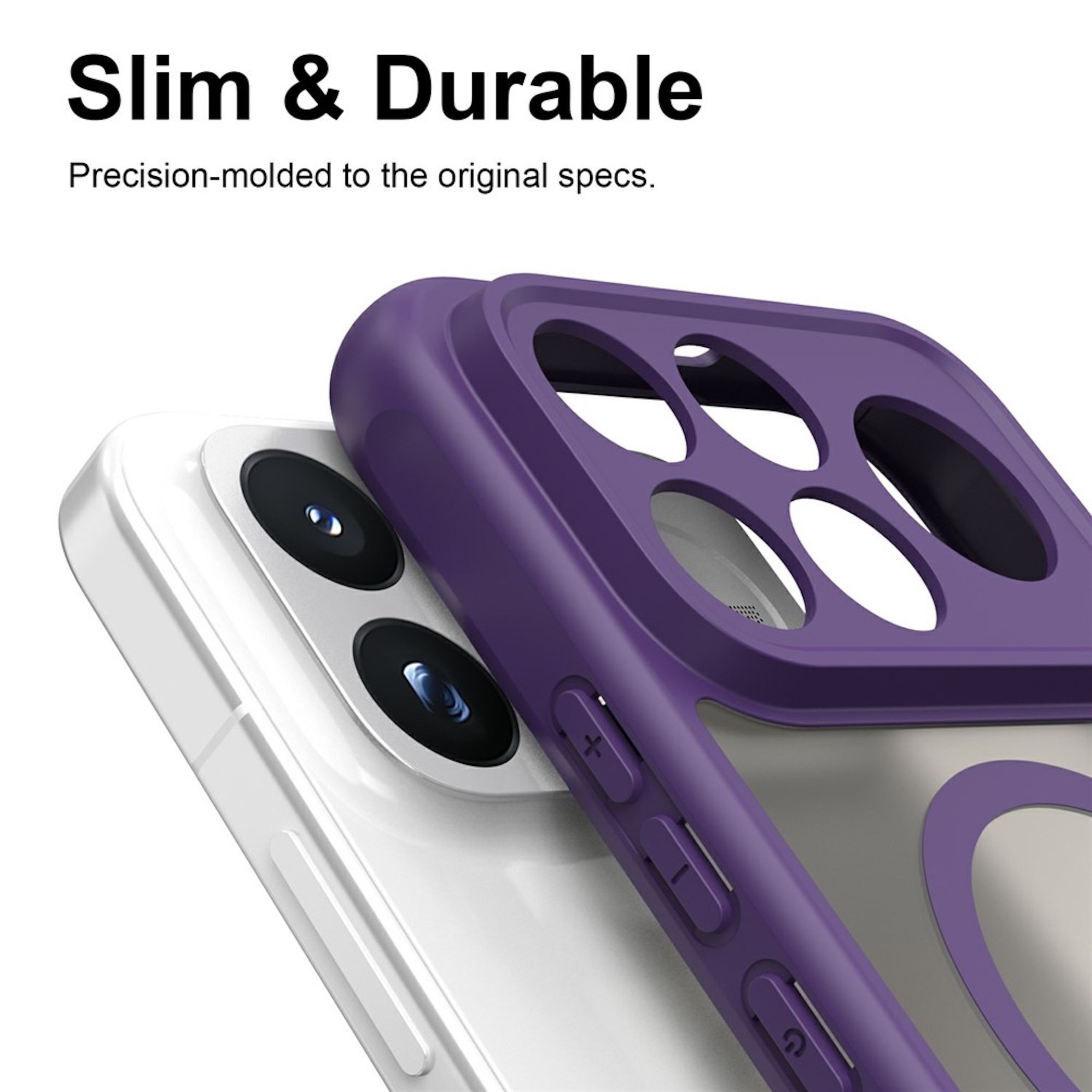 Eine weiße Smartphone-Rückseite mit einer lila Schutzhülle und der Aufschrift Slim & Durable.