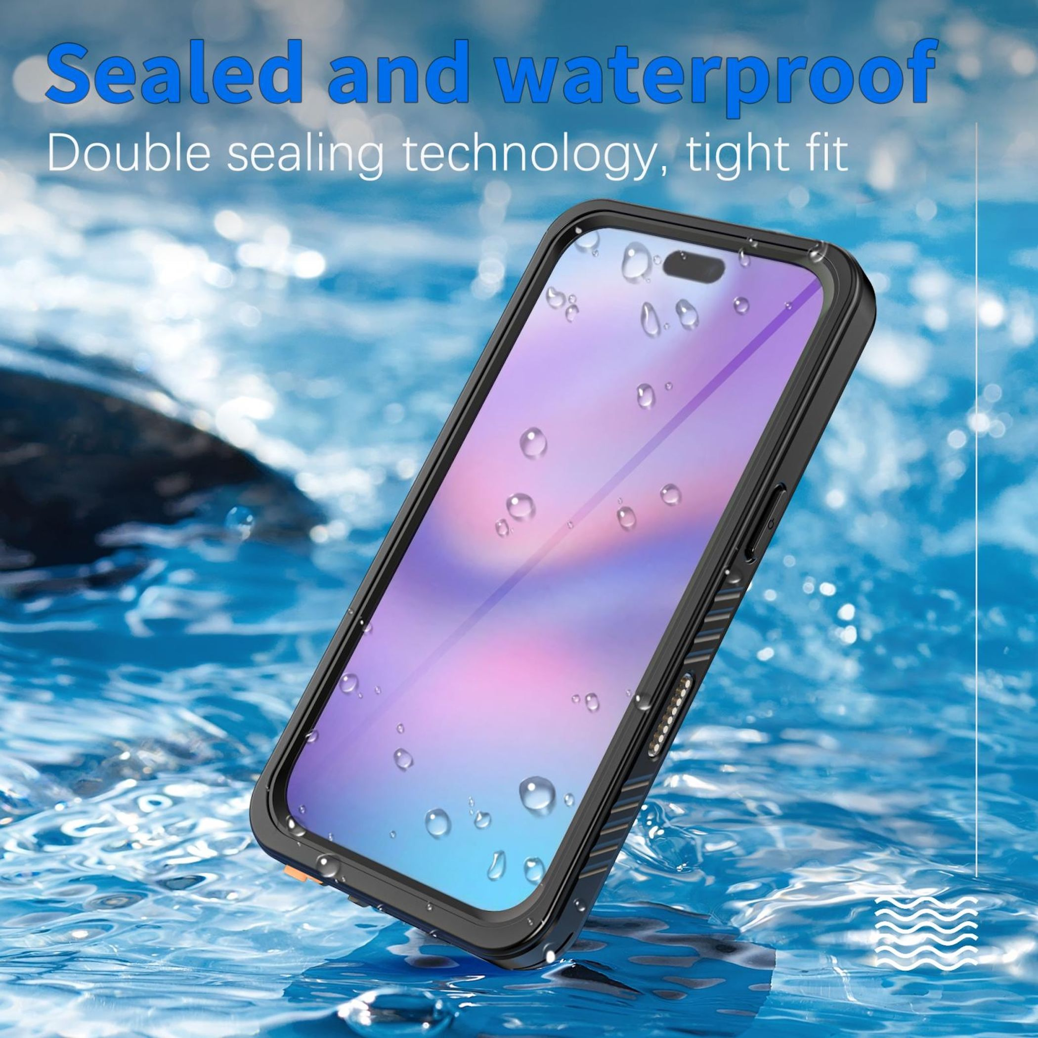 Ein wasserdichtes Smartphone in schwarzer Hülle steht in spritzendem blauen Wasser, mit Wassertropfen auf dem Bildschirm.