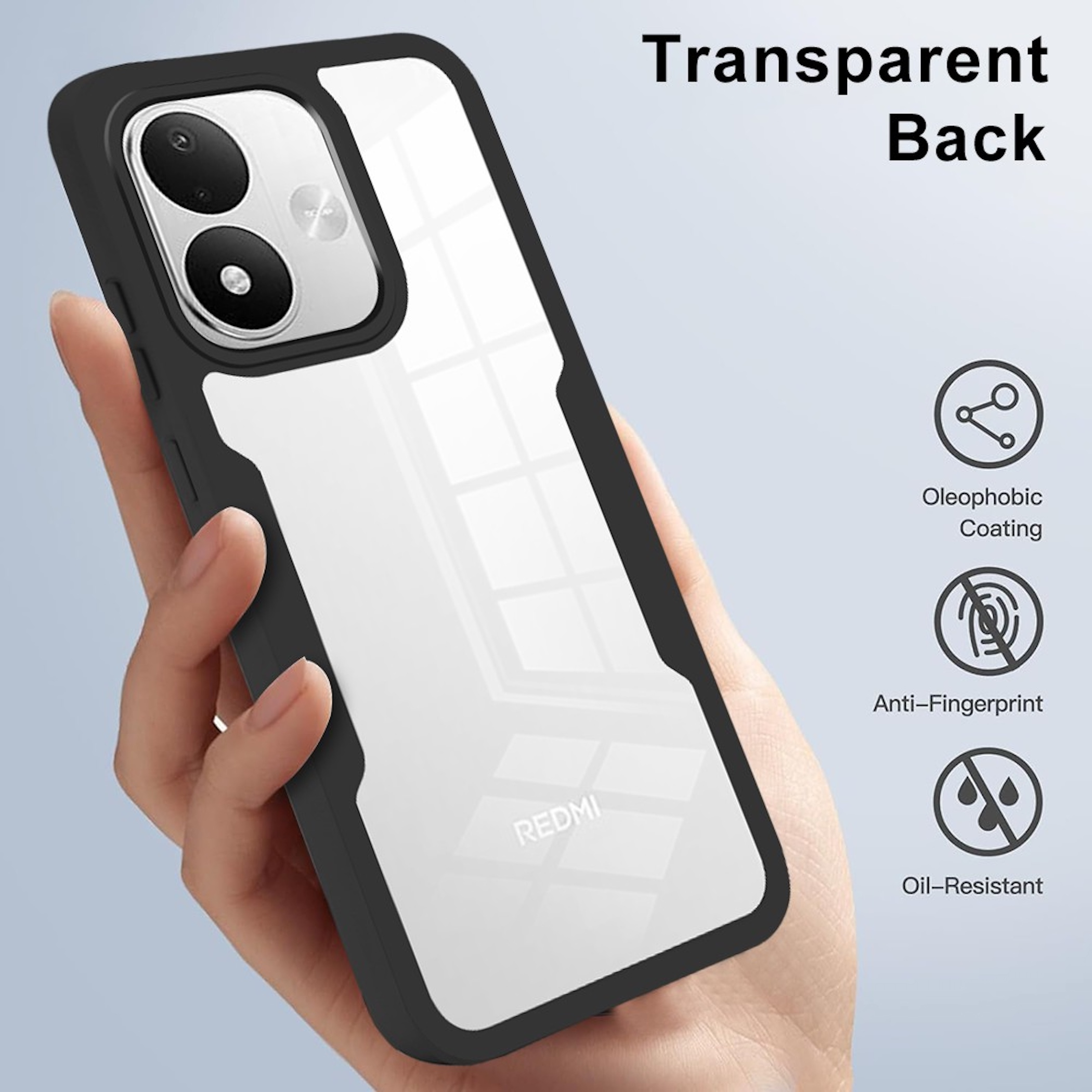 Eine Hand hält ein Redmi Smartphone mit schwarzem Rahmen und transparenter Rückseite, rechts Symbole.