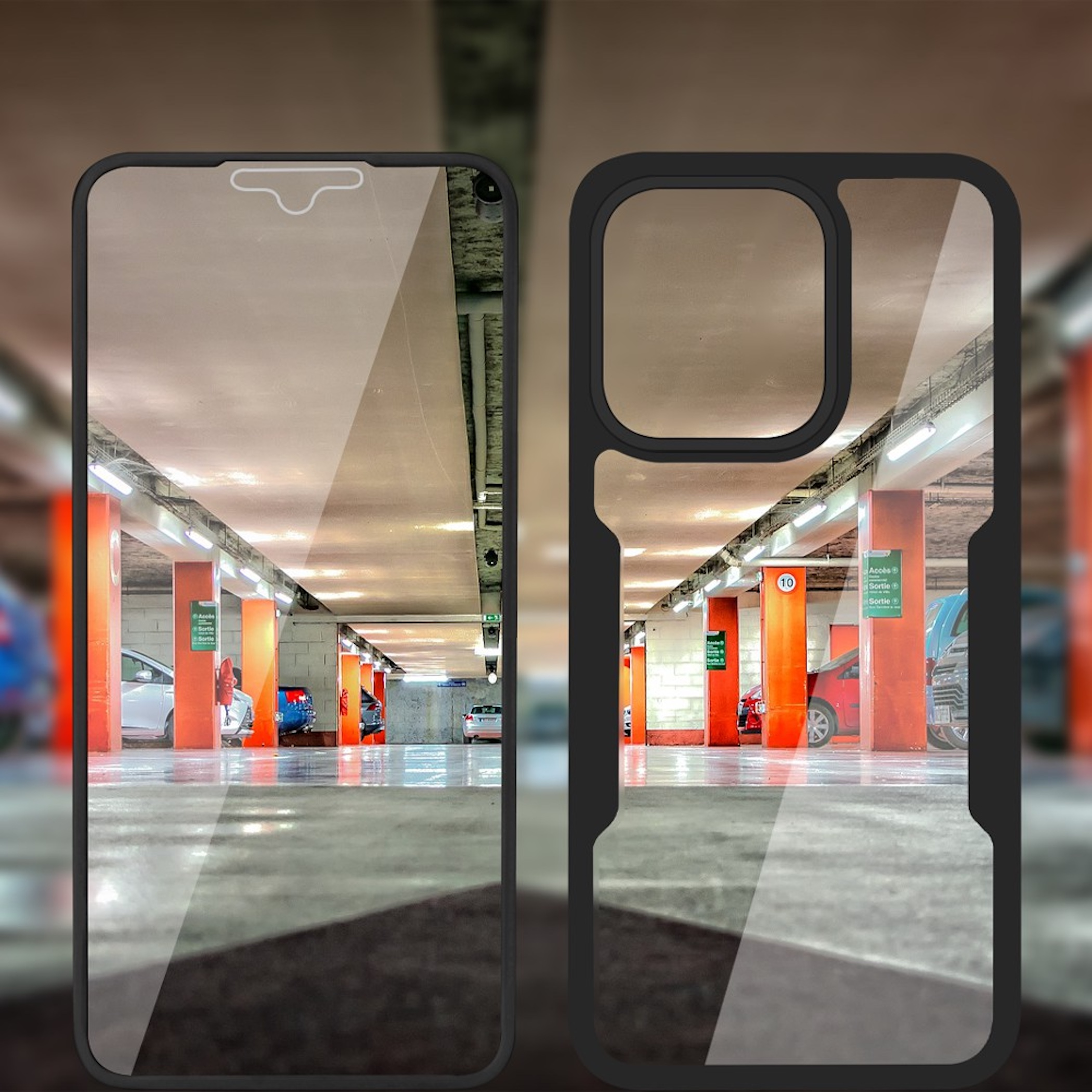 Vorder- und Rückansicht einer schwarzen Smartphone-Hülle mit Spiegelung einer Tiefgarage mit orangen Säulen und Autos.