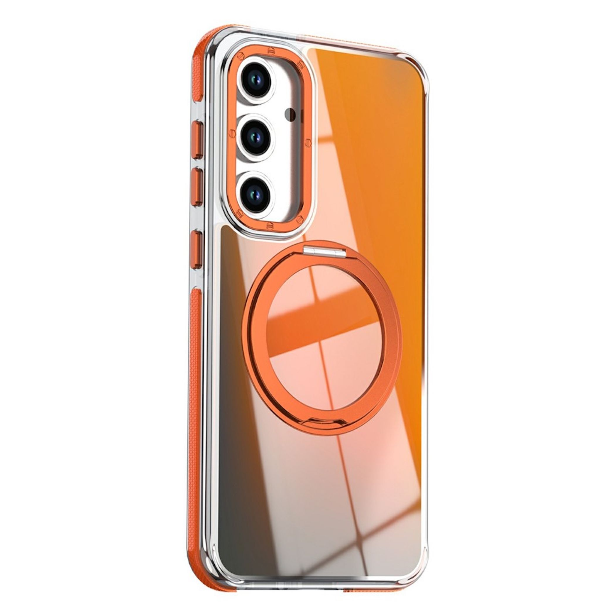 Transparente Handyhülle mit orangen Akzenten, integriertem Ständer und dreifachem Kameramodul auf weißem Hintergrund.
