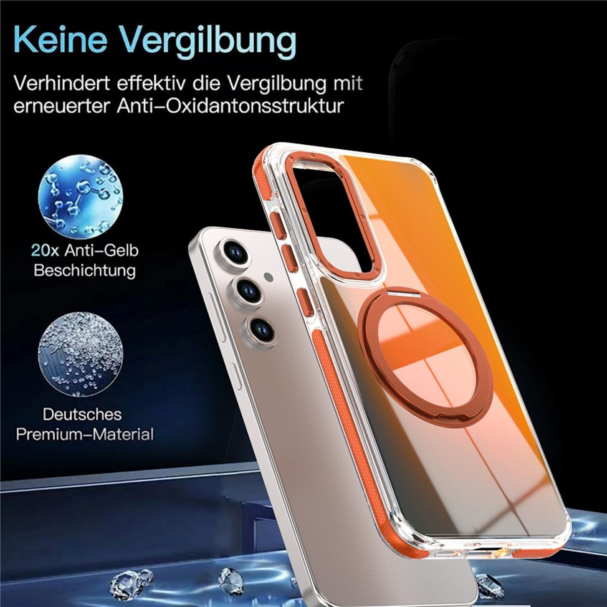 Eine transparente Handyhülle mit orangen Akzenten und einem Ringständer neben einem silbernen Telefon auf blauer Fläche.