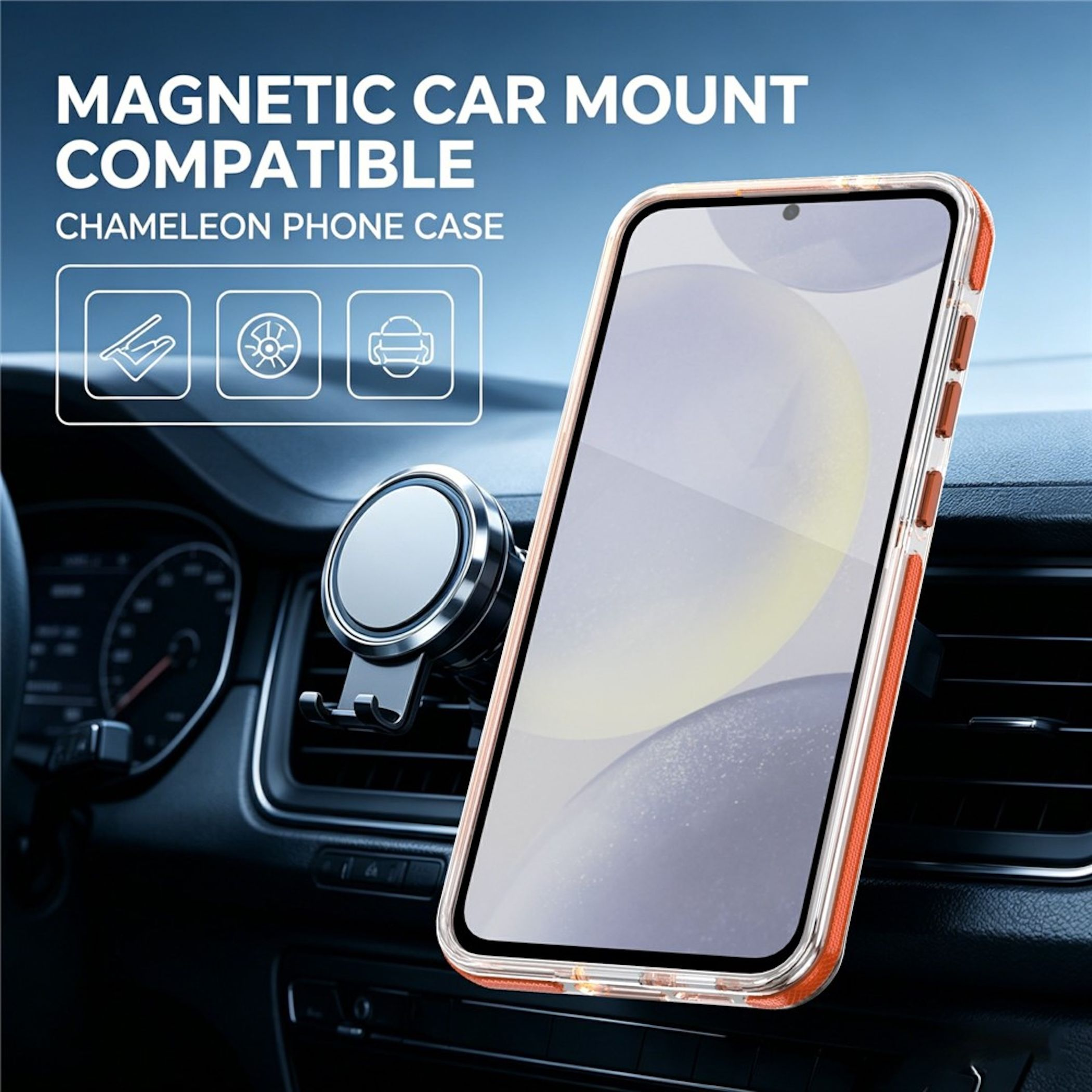 Smartphone in orangefarbener Hülle an magnetischer Autohalterung am Lüftungsgitter befestigt.
