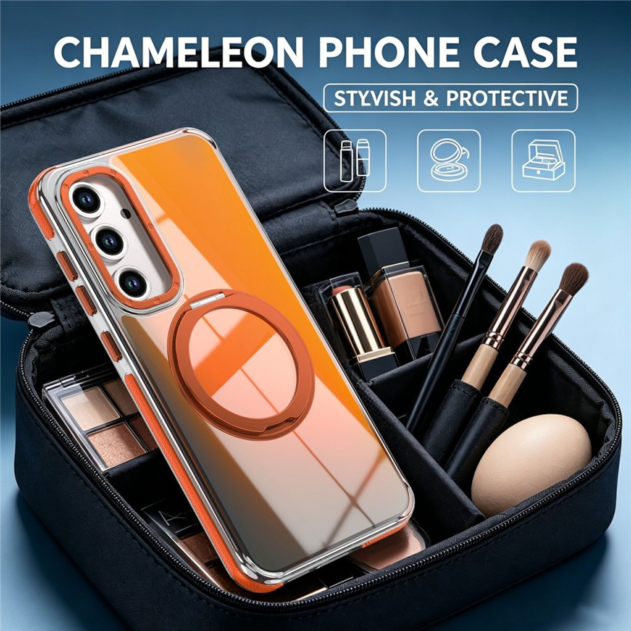 Eine orange-schimmernde Handyhülle liegt auf einer offenen Kosmetiktasche mit Pinseln und Make-up.