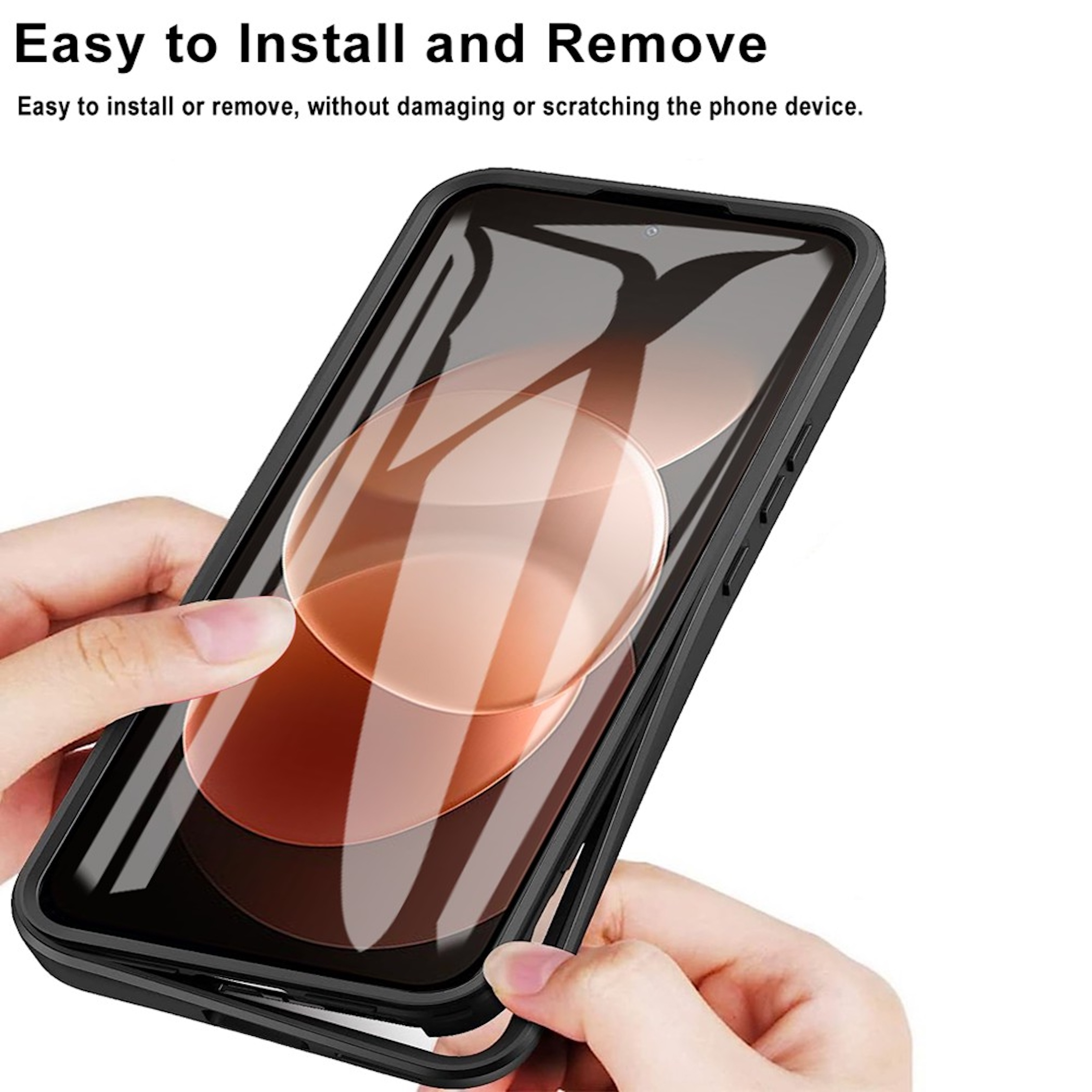 Eine Hand hält ein schwarzes Smartphone mit einer Bildschirmschutzfolie gegen einen weißen Hintergrund.