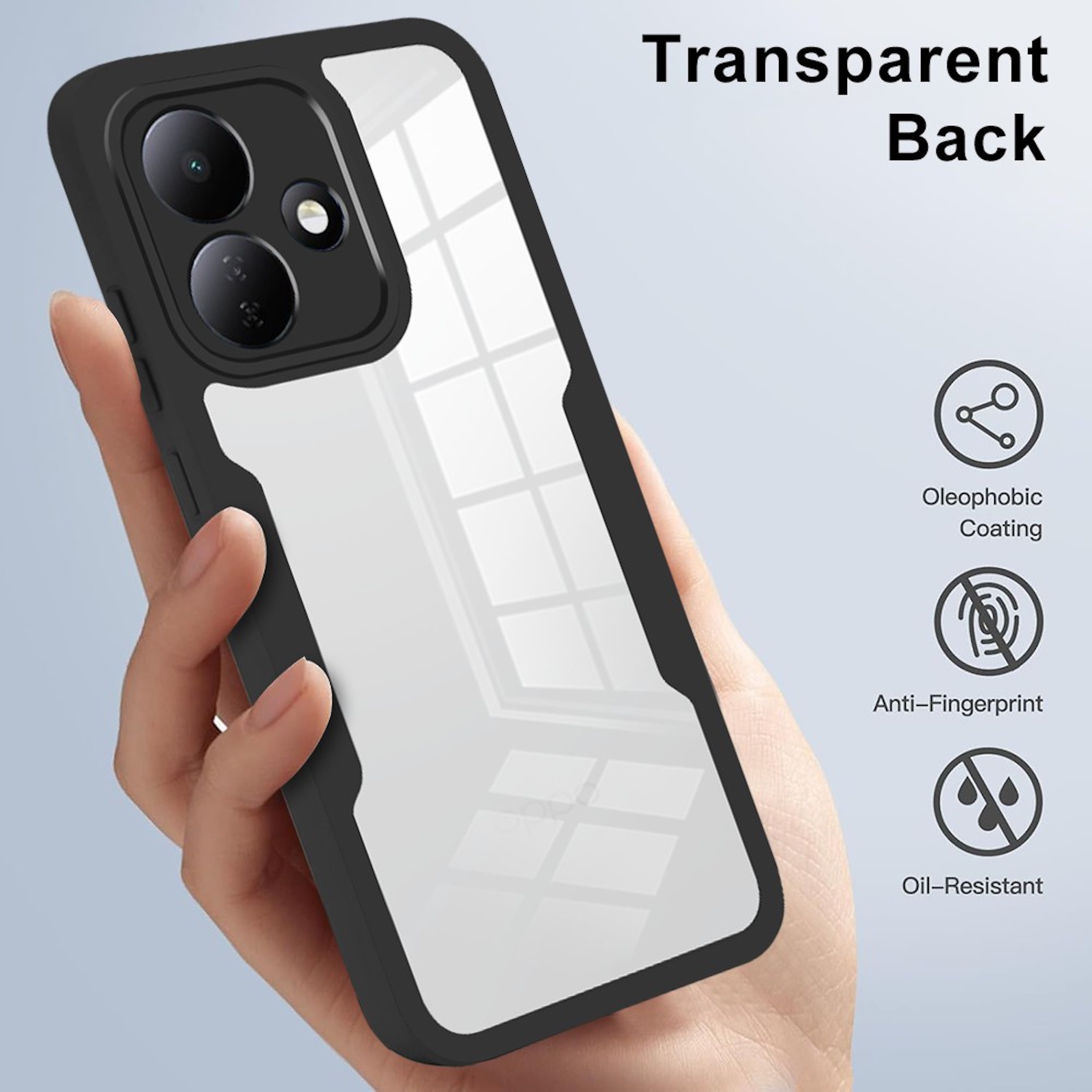 Hand hält ein Smartphone in schwarzer Schutzhülle mit transparenter Rückseite. Symbole rechts zeigen Eigenschaften.
