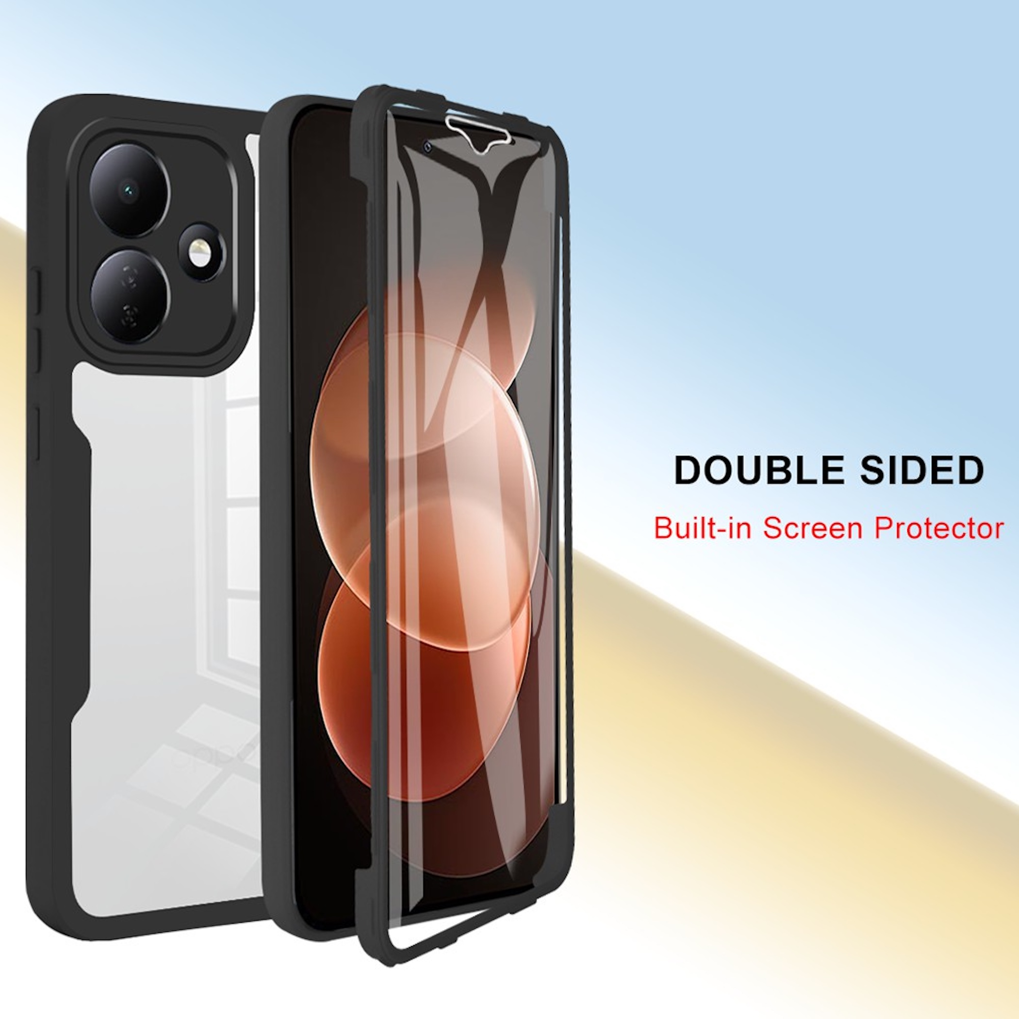 Doppelseitige Schutzhülle mit integriertem Displayschutz für ein Smartphone.