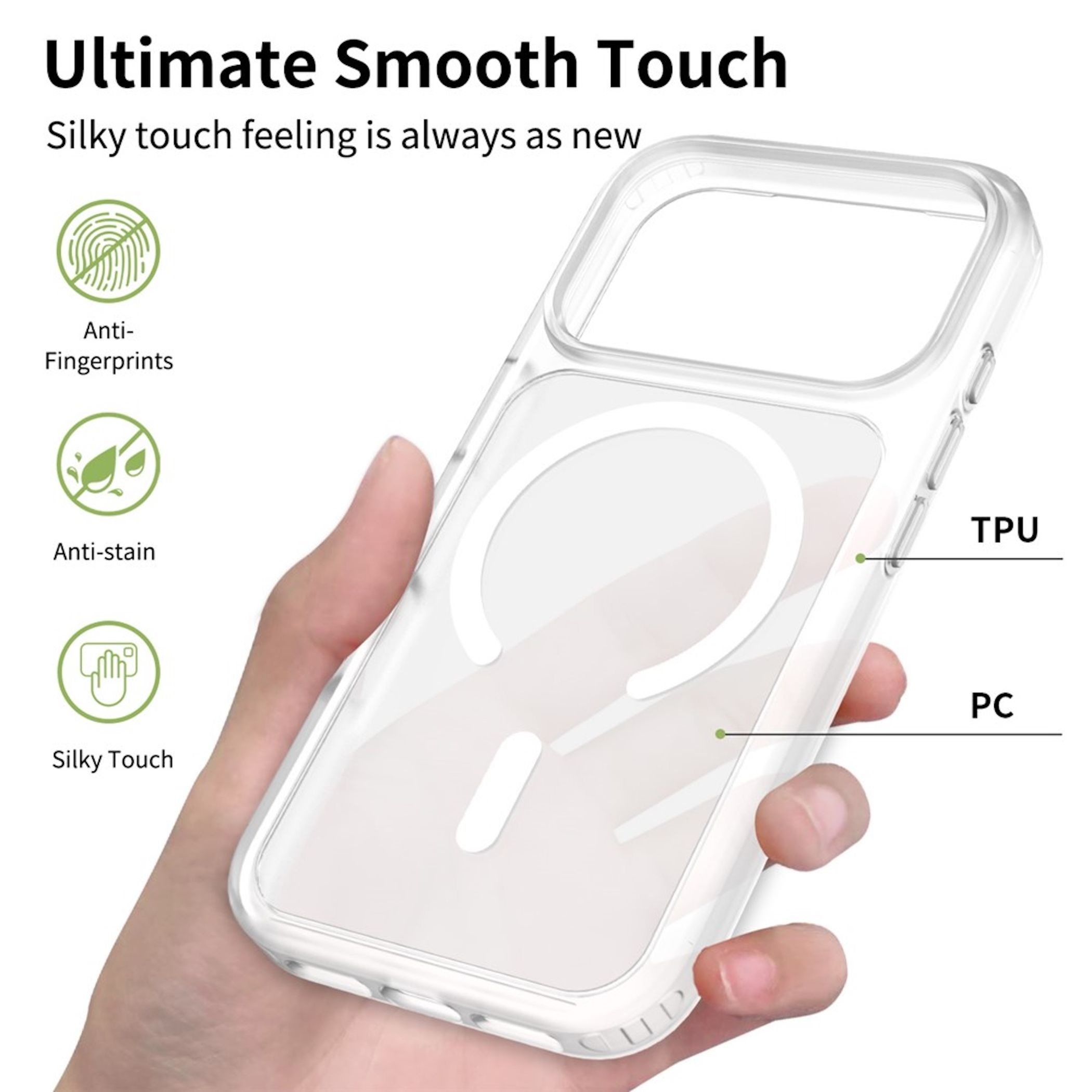 Hand hält eine transparente Handyhülle mit Magnetring, umgeben von Produktfeatures.