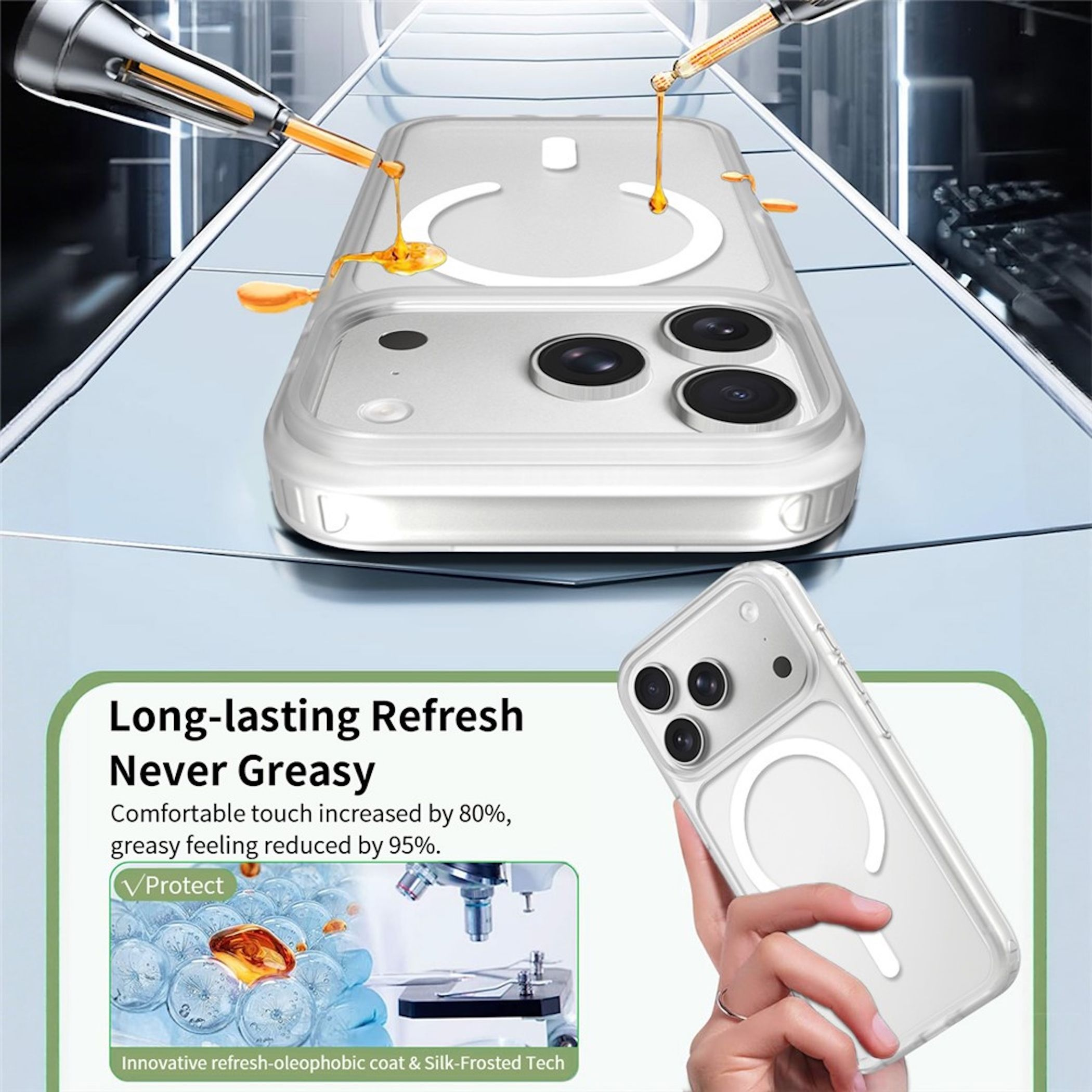 Eine transparente Handyhülle mit MagSafe-Ring wird mit Öltropfen und einer Hand gezeigt.