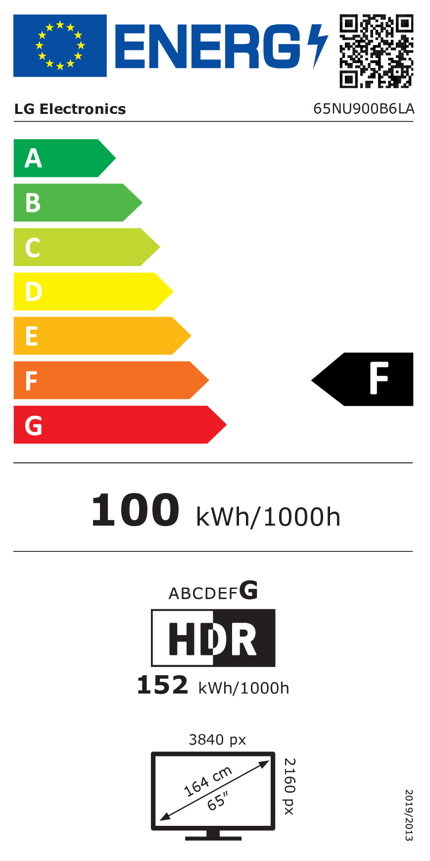 Energieeffizienzlabel für LG Fernseher mit Energieklasse F und 100 kWh Verbrauch.