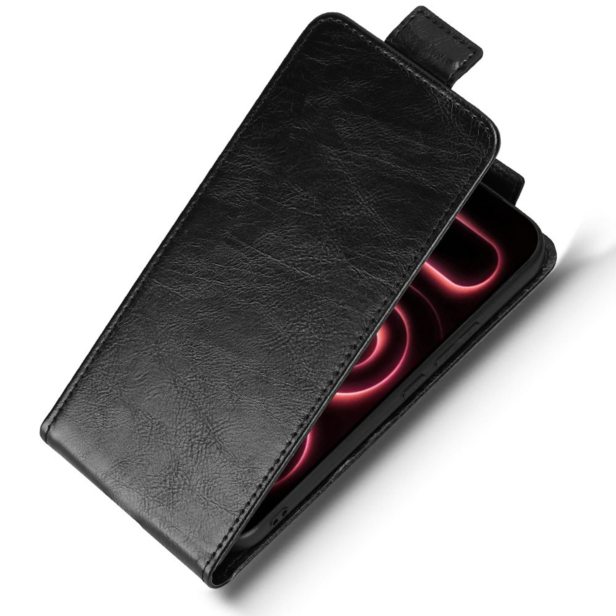 Eine schwarze Smartphone-Ledertasche, halb geöffnet mit rotem Bildschirm auf weißem Hintergrund.