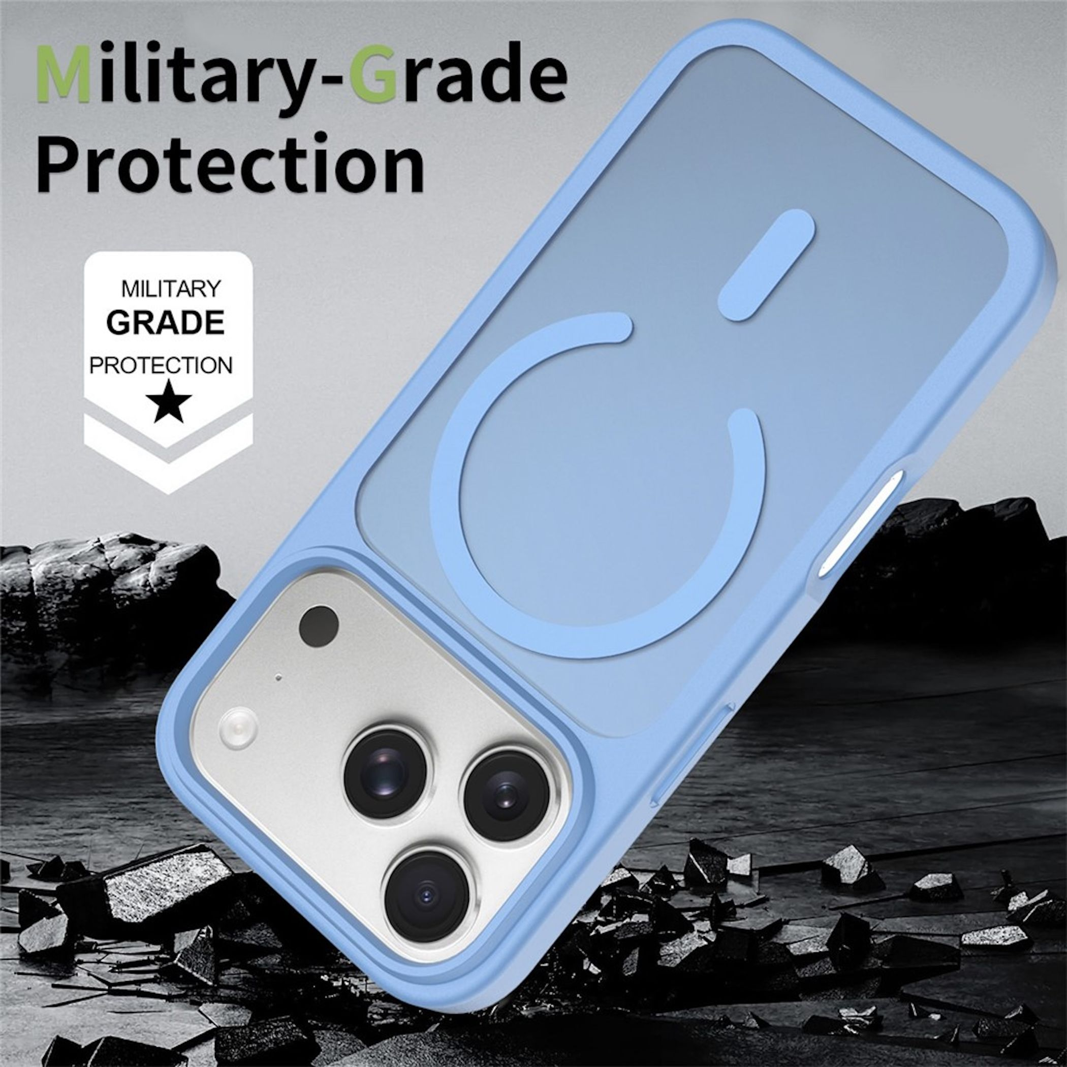 Eine hellblaue Handyhülle mit kreisförmigem MagSafe-Design vor dunklem, felsigem Hintergrund.