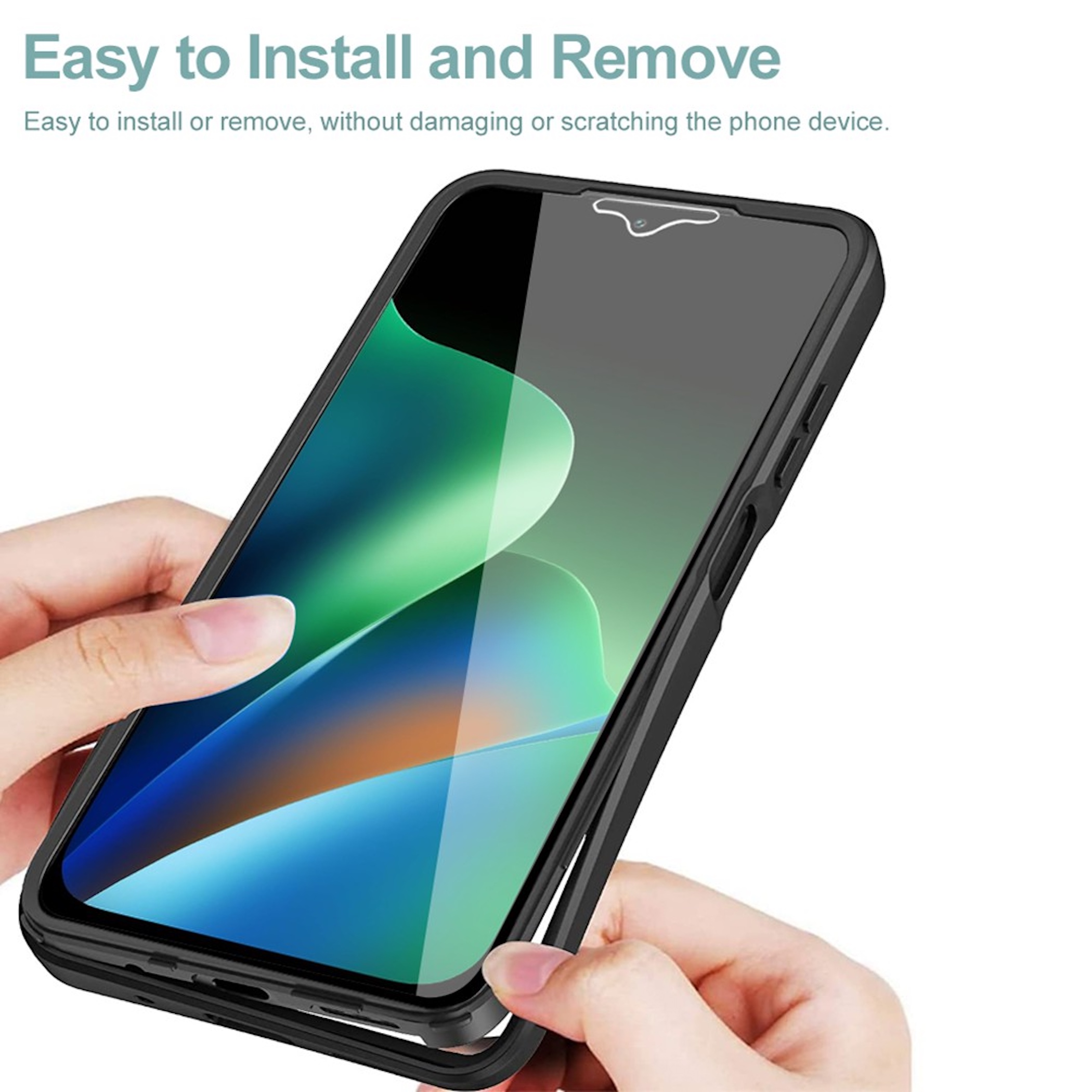 Hände installieren oder entfernen eine schwarze Smartphone-Hülle auf einem Handy.