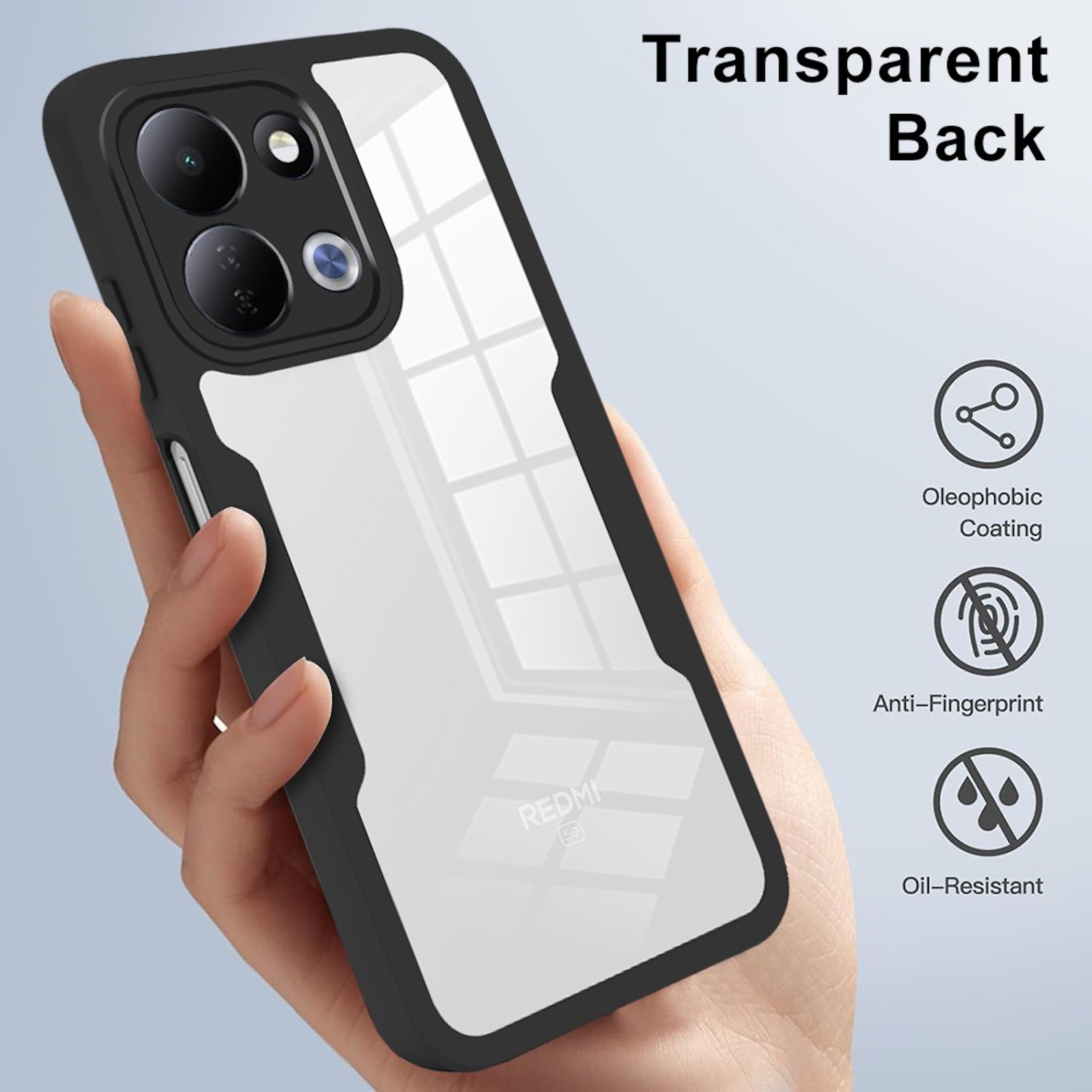 Eine Hand hält ein Redmi-Smartphone in einer schwarzen Hülle mit transparenter Rückseite.