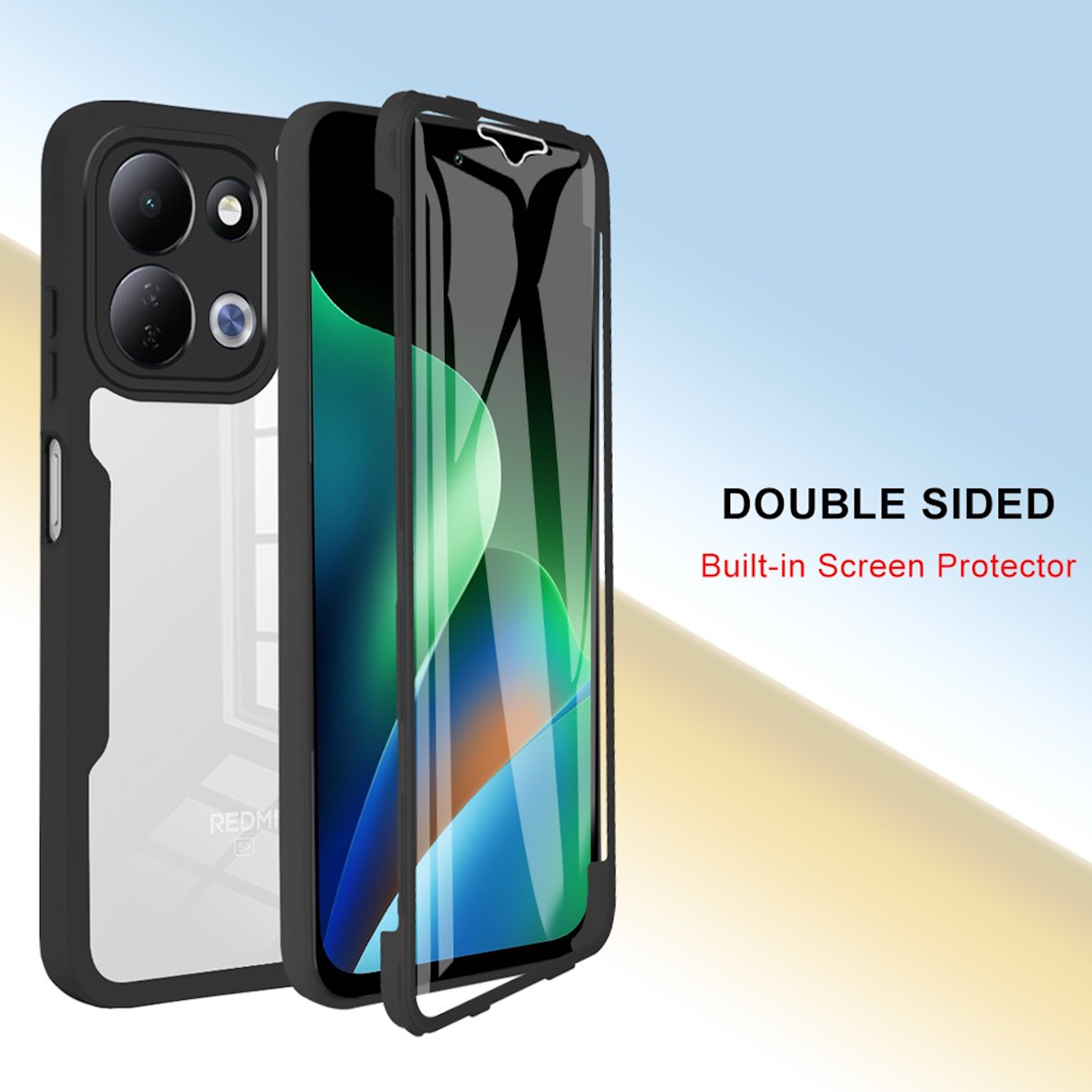 Ein Smartphone in einer doppelseitigen klaren Hülle mit integriertem Displayschutz vor Farbverlauf.
