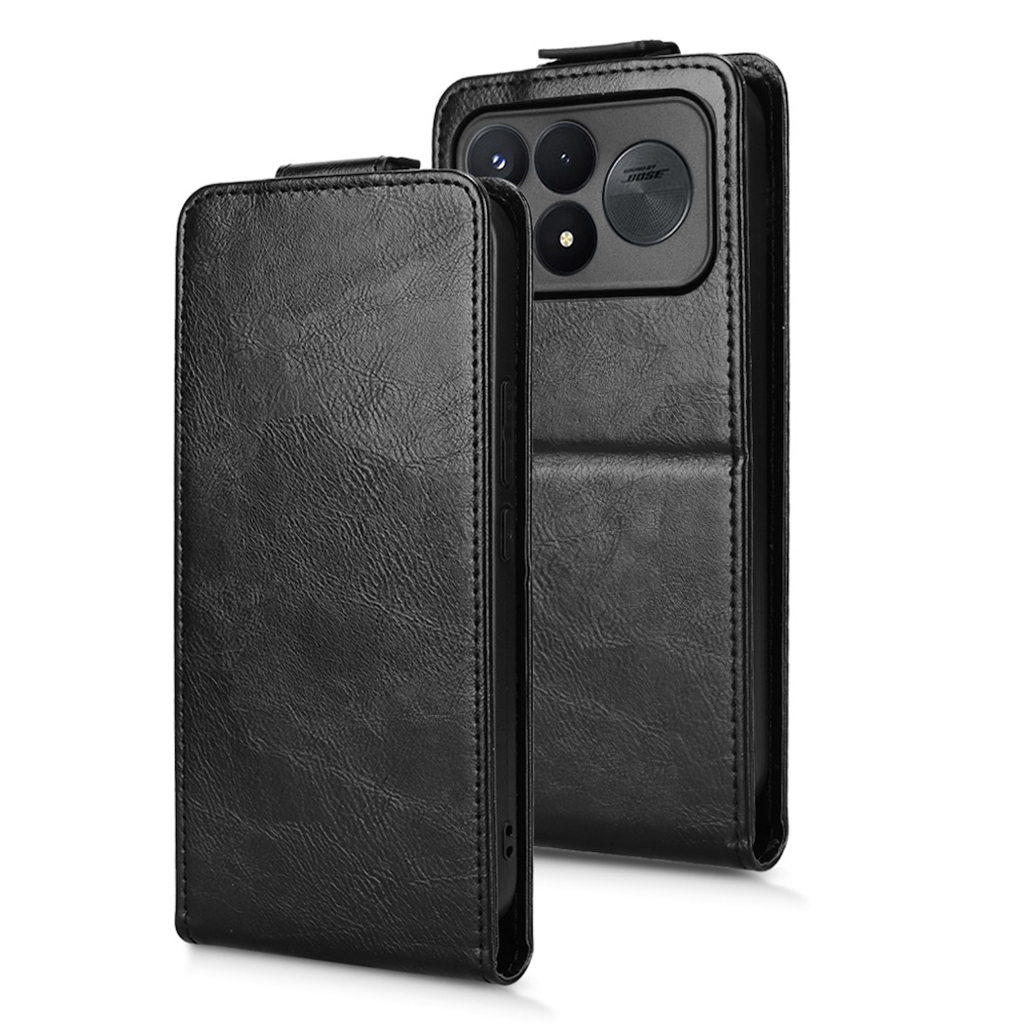Zwei Ansichten einer schwarzen Leder-Klapphülle für ein Smartphone mit sichtbaren Kameras.